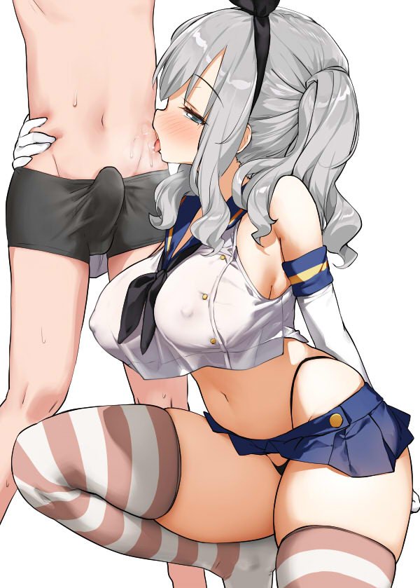 1boy, 1girls, arm around waist, black panties, blushing, boner, boxers, cosplay, erection under clothes, female, kantai collection, kashima (kantai collection), licking body, male, nipples visible through clothing, panties, silver hair, skirt, smaller male, thick thighs, thong, white gloves