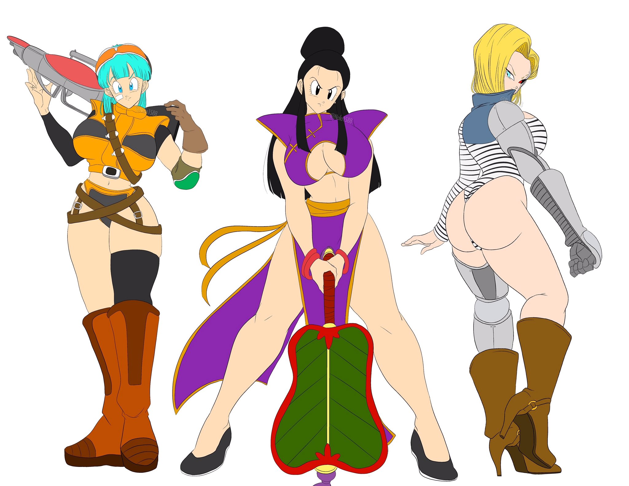 3girls, alternate costume, android 18, ass, bansho fan, blaster, boots, bulma briefs, bulma briefs (frieza saga), chichi, china dress, cyborg, dragon ball, dragon ball z, female, female only, gynoid, high heel boots, high heels, multiple females, multiple girls, nala1588, robotic arm, robotic leg, shounen jump, tagme, thick thighs, wide hips