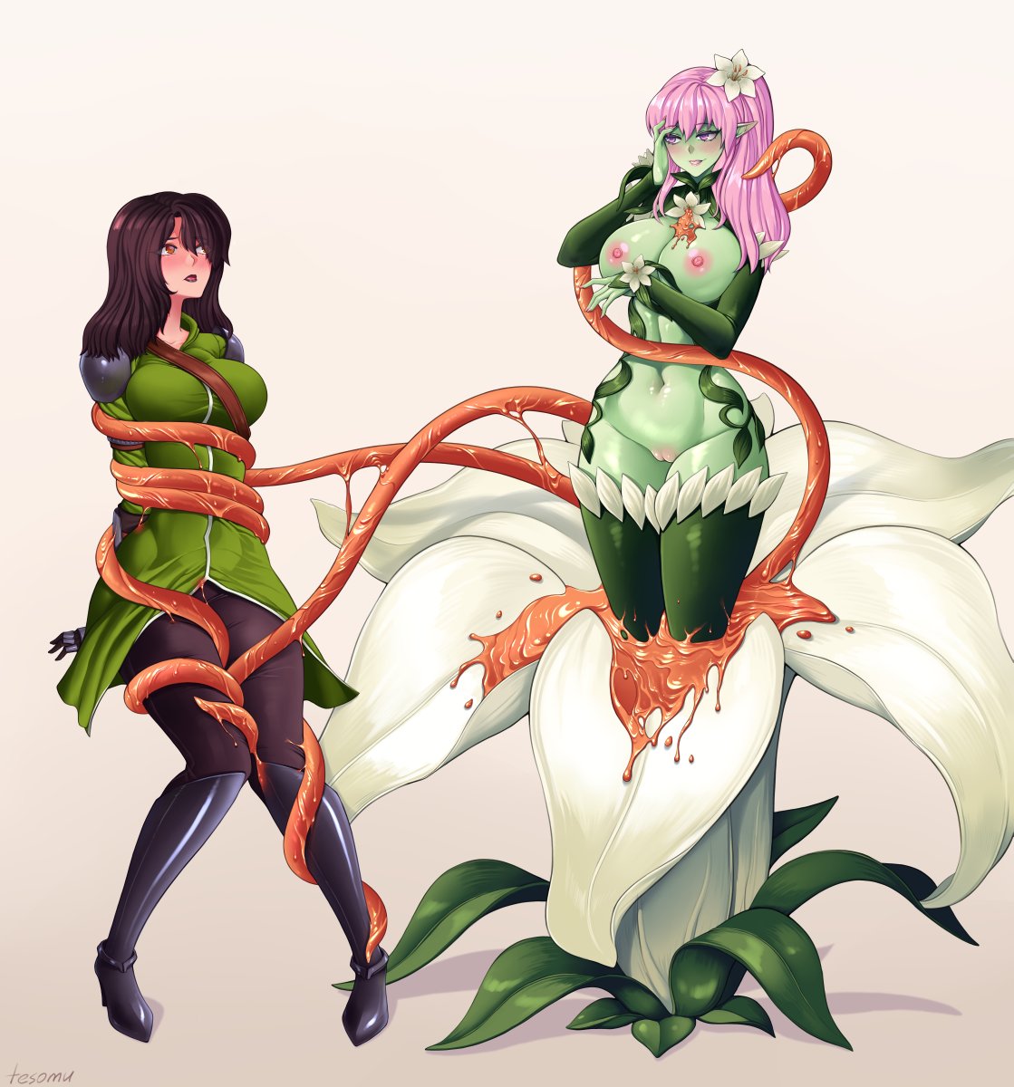 2020 2girls accessory alraune black_hair breasts corruption duo elemental_creature elemental_humanoid european_mythology female female_on_humanoid female_only flora_fauna flower flower_in_hair genitals green_body hair hair_accessory hi_res human humanoid humanoid_pointy_ears imminent_transformation liliraune_(monster_girl_encyclopedia) mammal monster_girl_encyclopedia multiple_girls mythology navel nipples pink_hair plant plant_humanoid pussy questionable_consent restrained simple_background smile tentacle tesomu transformation white_background yuri