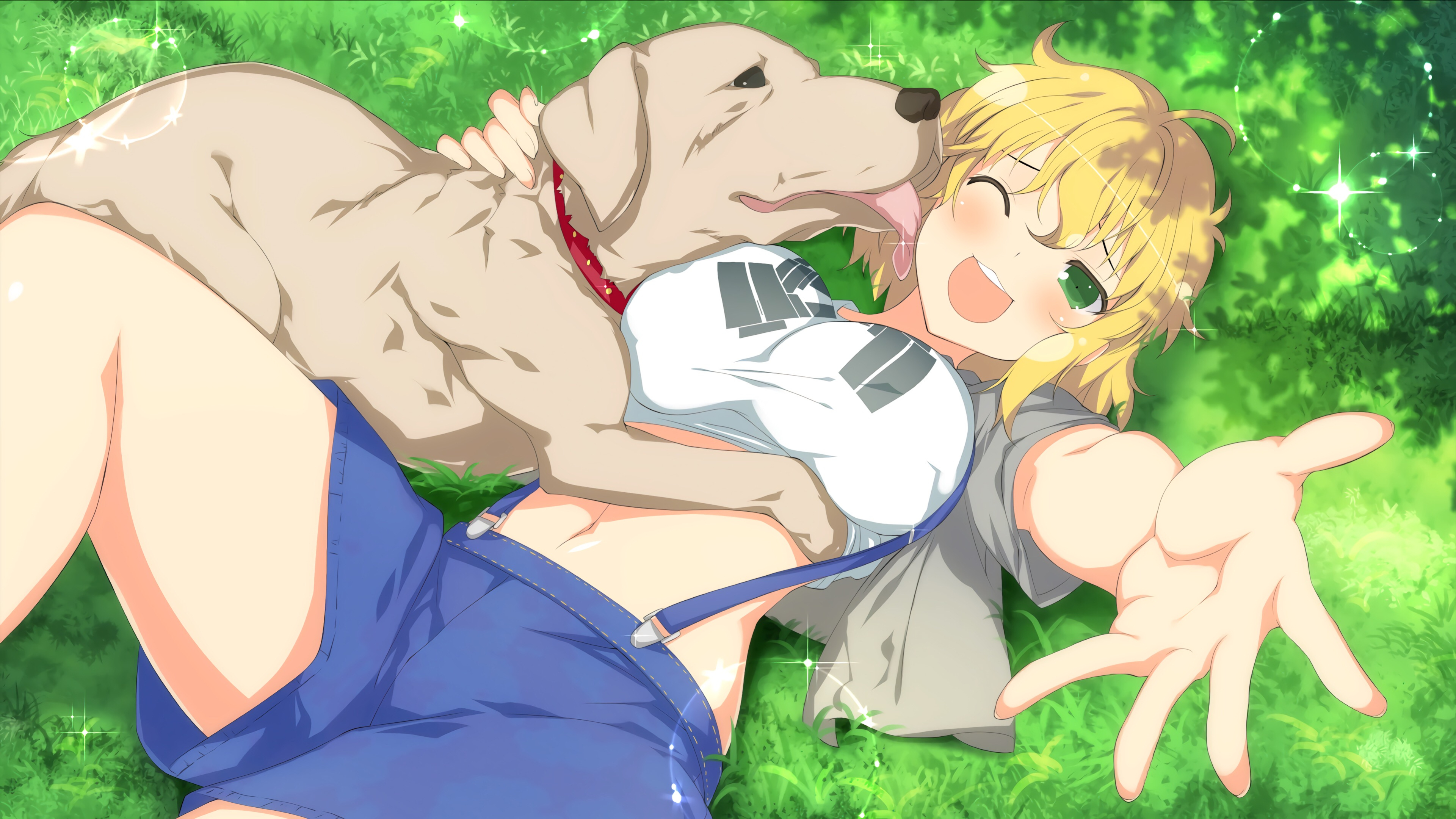 :3, 1girls, blonde hair, breasts, canine, female, feral on female, grass, huge breasts, imminent sex, large breasts, licking, lying, navel, official art, open mouth, reaching, ryouna (senran kagura), senran kagura, shirt lift, shorts, suspenders, teeth, thick thighs, thighs, tongue, undressing, zoophilia