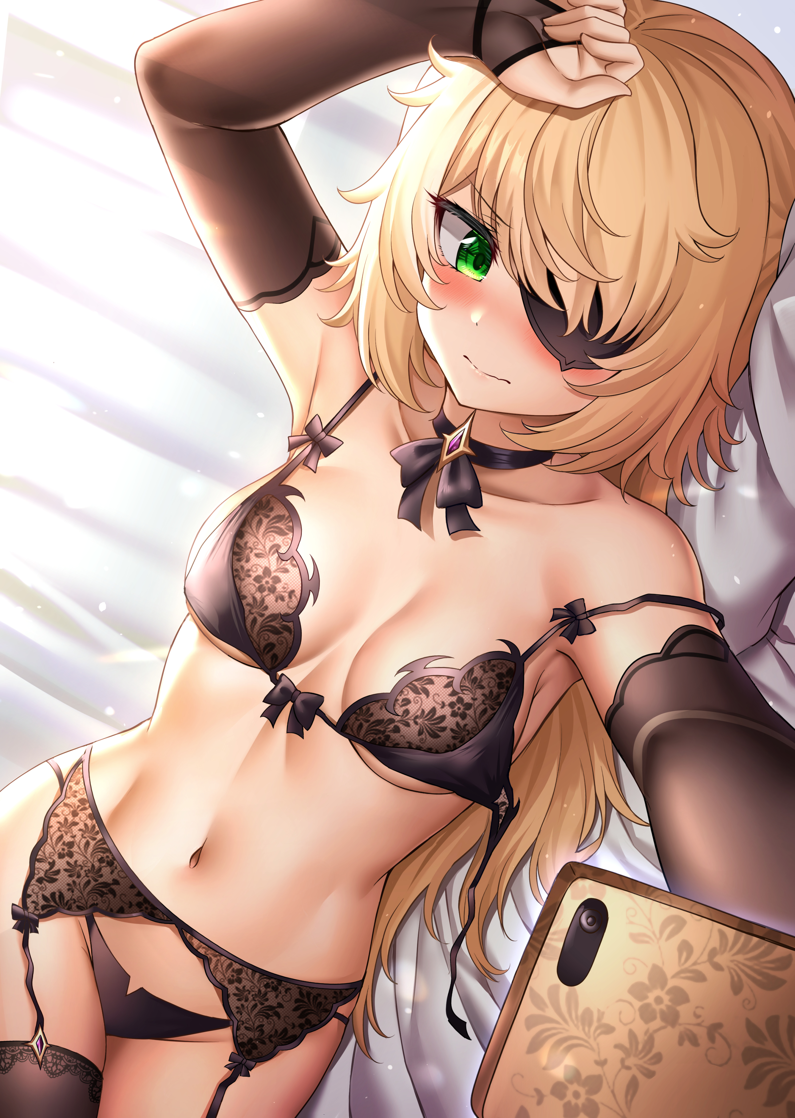 1girls, blonde hair, blush, bra, breasts, eyepatch, female, female only, fischl (genshin impact), garter belt, garter straps, genshin impact, green eyes, hair, hi res, lingerie, panties, phone, selfie, strap slip, sunhyun, taking picture, thighhighs, underboob, underwear