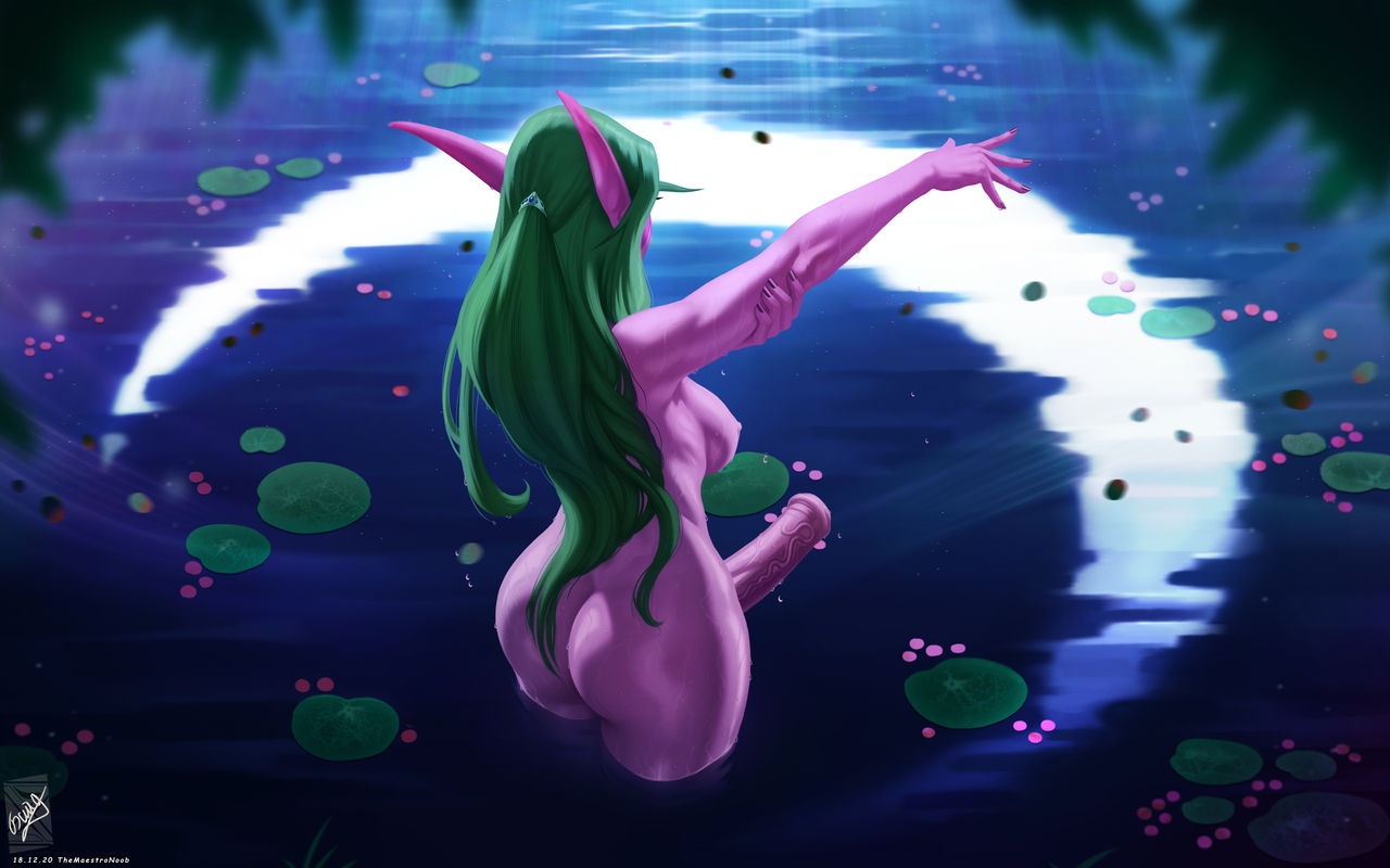 1futa, animal genitalia, animal genitalia on humanoid, animal penis, areolae, ass, bathing, breasts, curvy, dark skin, dark-skinned futa, equine penis, erect nipples, erection, futa only, futa sans pussy, futanari, horsecock, horsecock on humanoid, huge ass, huge breasts, humanoid, hyper, hyper penis, intersex, lily pad, night elf, nipples, nude, penis, sideboob, solo, standing, themaestronoob, thick thighs, tyrande whisperwind, water, wide hips, world of warcraft