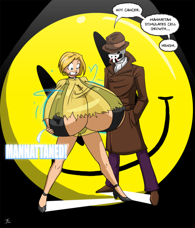 1boy 1girls breast_expansion dc_comics english english_text gigantic_breasts lakehylia laurie_juspeczyk rorschach silk_spectre superheroine text wardrobe_malfunction watchmen