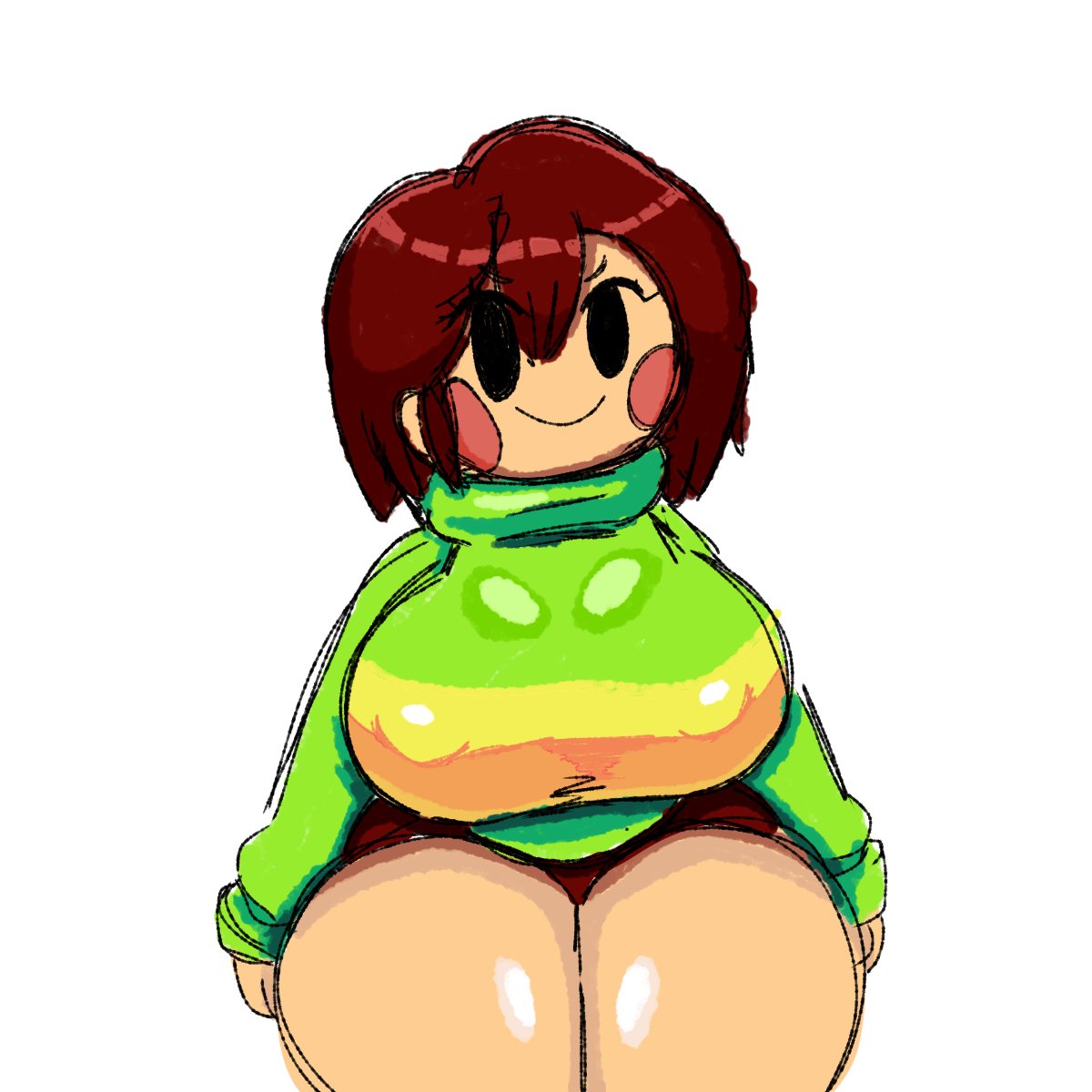 1girls big_breasts breasts chara chara_(mochikirb_style) chubby clothed clothing female female_only huge_ass huge_breasts mob_face mochikirb nipple_bulge nipple_outline short_hair shortstack smile solo tagme thick_thighs undertale