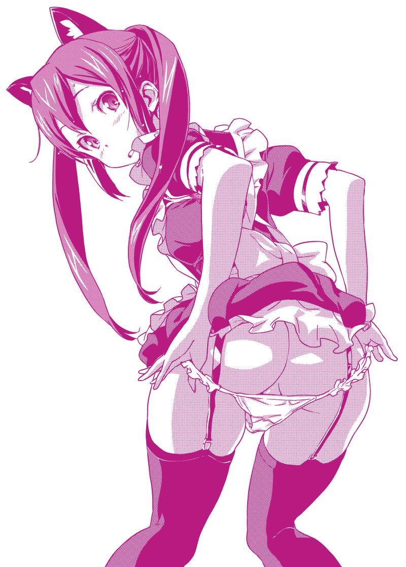 alternate_costume animal_ears ass azusa_nakano_(k-on!) blush cat_ears enmaided female female_only from_behind garters human human_only k-on! looking_back maid monochrome panties panty_pull sameda_koban solo thighhighs tied_hair twintails underwear undressing