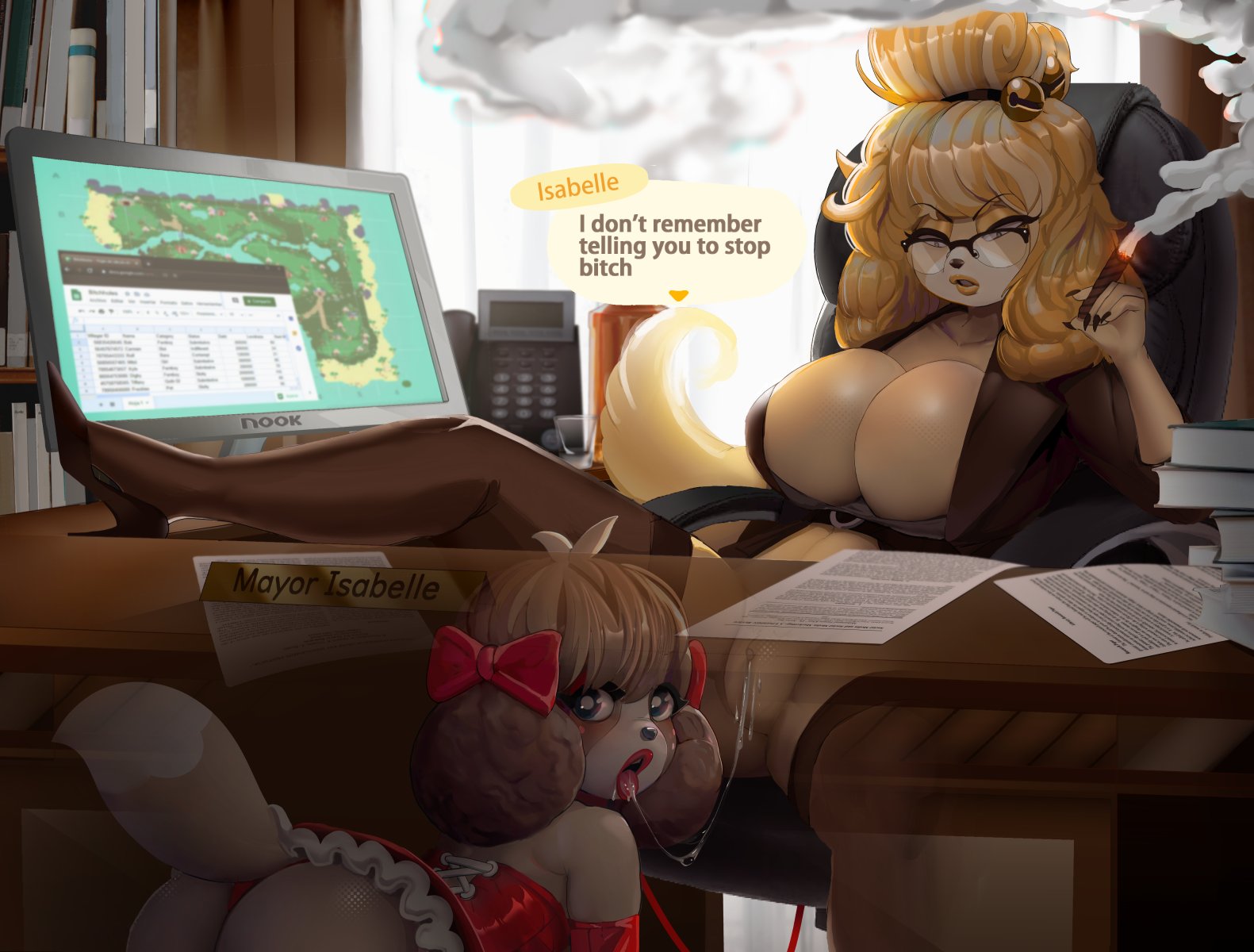 1boy, 1girls, 2020, angry, animal crossing, animal crossing new horizons, anthro, anthro on anthro, big breasts, breasts, brother, brother and sister, cigar, cleavage, cunnilingus, digby (animal crossing), drool string, drooling, english text, female, female anthro, femboy, femboy on female, femboysub, femdom, feminization, furry, girly, huge breasts, incest, isabelle (animal crossing), large breasts, lipstick, male, male anthro, male anthro/female anthro, male/female, malesub, naughty face, nintendo, opposite sex twins, picturd, pussy, red lipstick, seductive, siblings, sister, spread legs, straight, text, thick thighs, thighhighs, under desk