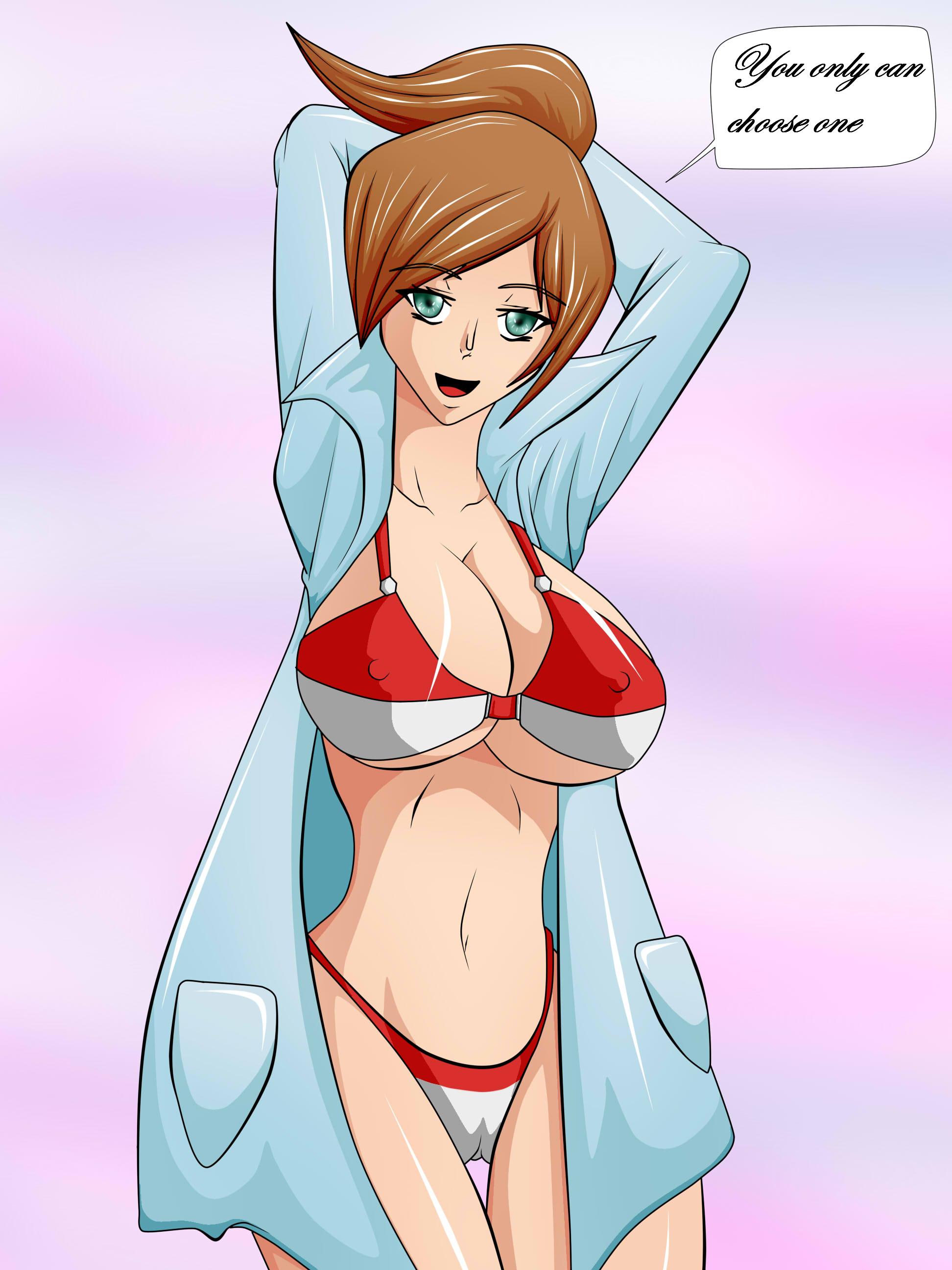 1girls, arms behind back, arms up, ass, aurea juniper, bra, breasts, brown hair, cameltoe, cleavage, erect nipples, female, green eyes, hair, huge breasts, human, labcoat, large ass, navel, nintendo, nipples, open mouth, open robe, panties, pink background, pokemon, pokemon bw, pokemon professor, ponytail, pussy, smile, solo, text, thigh gap, tied hair, underboob, war-off-evil, wide hips