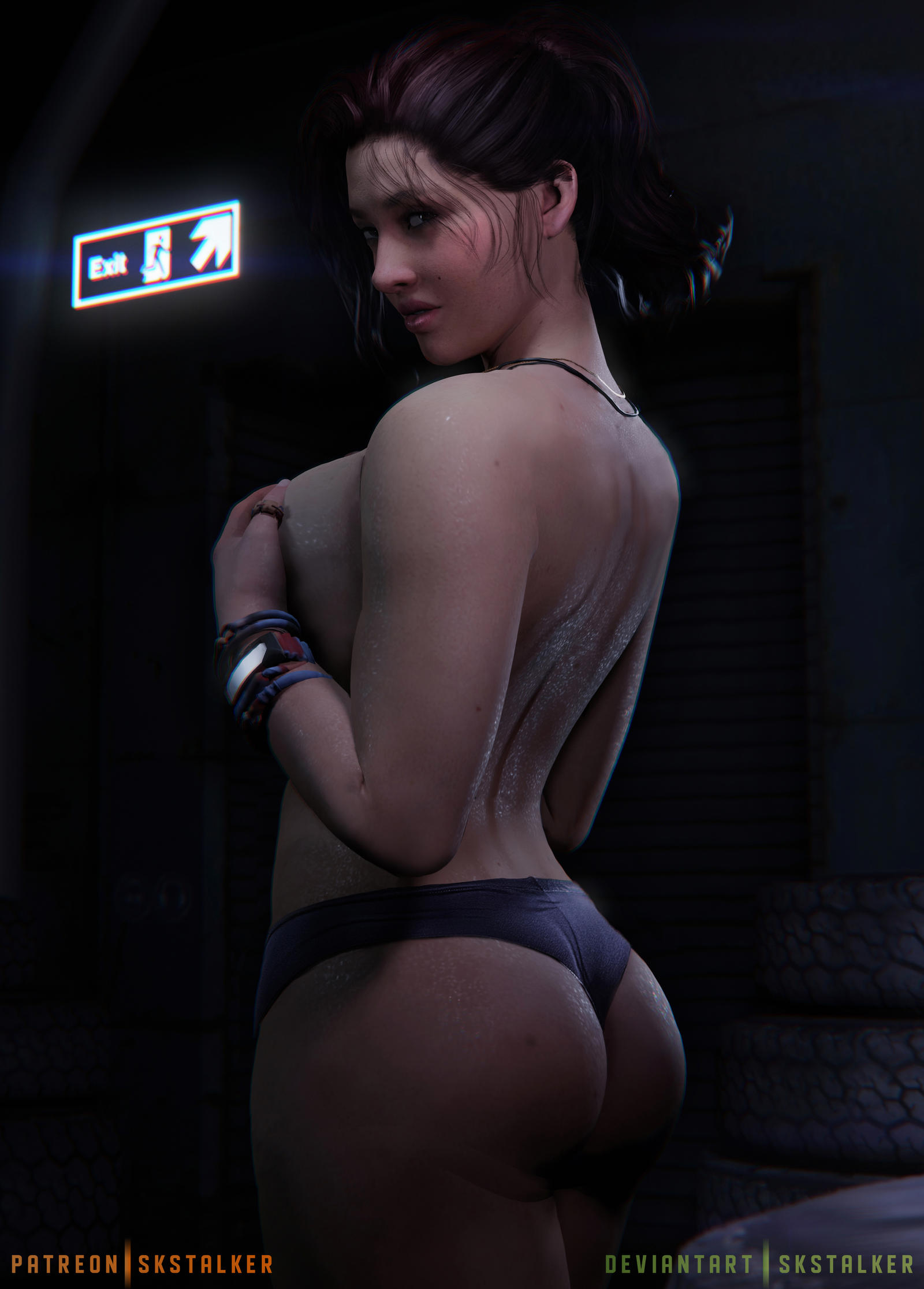 1girls, 3d, 3d (artwork), ass, big breasts, bracelet, breasts, brown hair, busty, cd projekt red, claire russell, curvaceous, curvy, cyberpunk, cyberpunk 2077, female, female focus, female only, hourglass figure, long hair, looking at viewer, looking back, makeup, panties, ponytail, pose, posing, rear view, skstalker, solo, solo female, standing, topless, voluptuous, wet, wet skin, wide hips