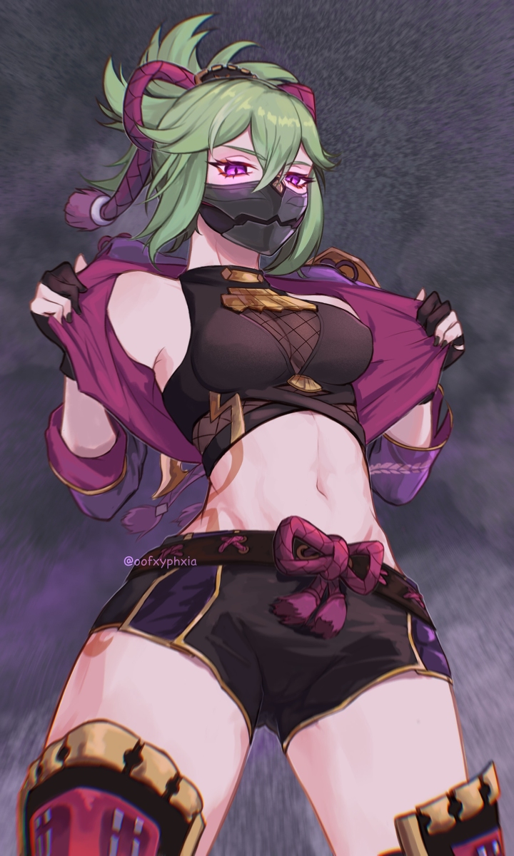 1girls abs ass breasts clothed clothing female female_only genshin_impact gloves green_hair hair_ornament hair_ribbon jacket kuki_shinobu light-skinned_female looking_at_viewer looking_down midriff nail_polish oofxyphxia purple_eyes shorts showing_off solo_female