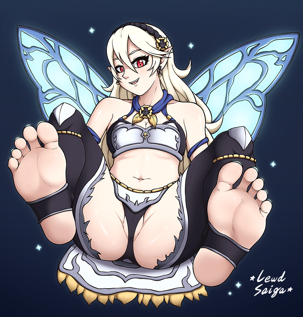 1girls, ass, barefoot, black toenails, blonde female, blonde hair, corrin (fire emblem), corrin (fire emblem) (female), earrings, fairy wings, feet, female, female only, fire emblem, fire emblem fates, foot fetish, foot focus, foot worship, hairband, jewelry, lewdsaiga, navel, nintendo, panties, partially visible vulva, pussy, red eyes, simple background, smile, soles, solo, spread legs, toeless legwear, toes, underwear, wings