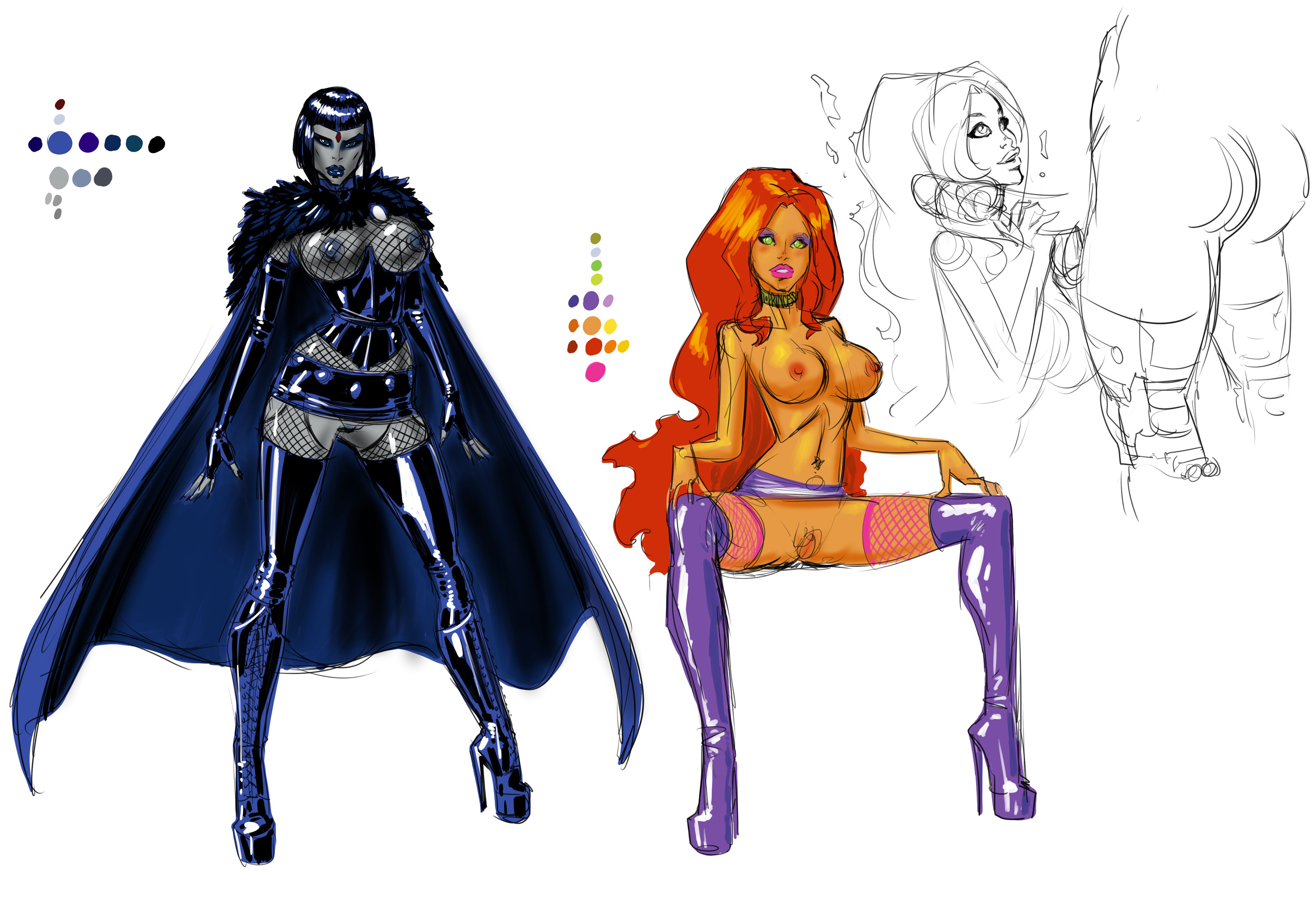 1boy, 2girls, alien, alien girl, areolae, bangs, big breasts, bimbo, blue eyes, blue hair, bob cut, boots, breasts, cape, collar, corset, dc, dc comics, edit, elbow gloves, eyeliner, eyeshadow, female, fenris comix, fishnet, fishnet shirt, fishnet stockings, fishnets, full body, going commando, green eyes, grey skin, high heel boots, high heels, koriand'r, large breasts, light skin, light-skinned female, lipstick, long hair, makeup, male, mascara, microskirt, miniskirt, navel, navel piercing, nipples, no panties, nude, nude female, nudity, orange skin, pale skin, pale-skinned female, penis, piercing, platform heels, pussy, rachel roth, raven (dc), red hair, revealing clothes, short hair, sketch, skimpy, skimpy clothes, skirt, starfire, starfire (classic), starfire (comics), stiletto heels, teen titans, thigh boots, thigh high boots, thighhigh boots, topless, vagina, very high heels