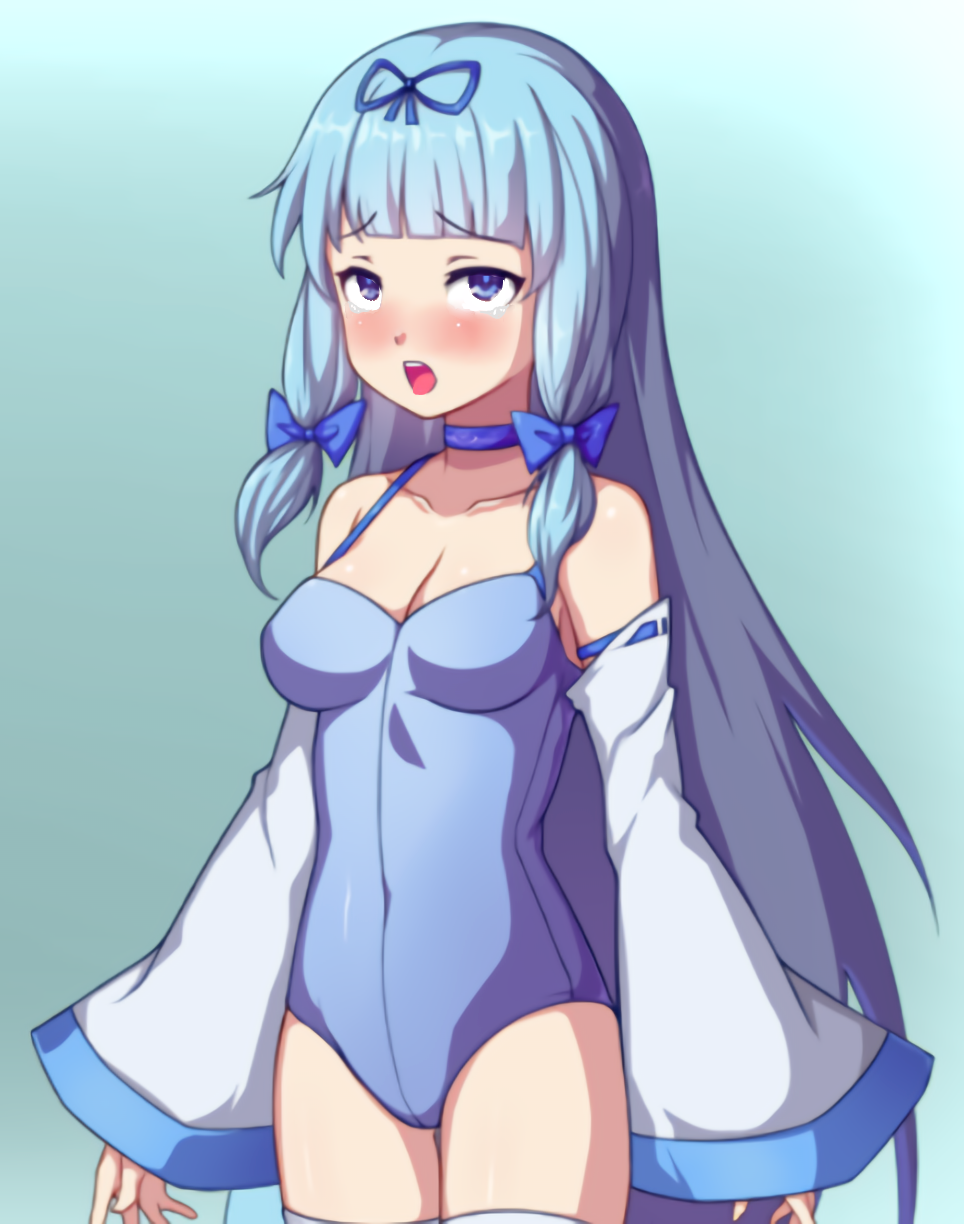 ahe_gao blue_hair blush edit rabi-ribi rita_(rabi-ribi) swimsuit tears tongue_out