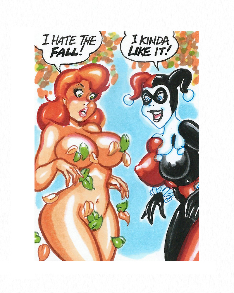 2girls casual_nudity convenient_censoring dc dc_comics dcau embarrassed_nude_female enf erect_nipples female female_focus female_only harley_quinn harley_quinn_(classic) humor joe_gravel lipstick poison_ivy sketch_card supervillain text text_bubble wardrobe_malfunction western_art