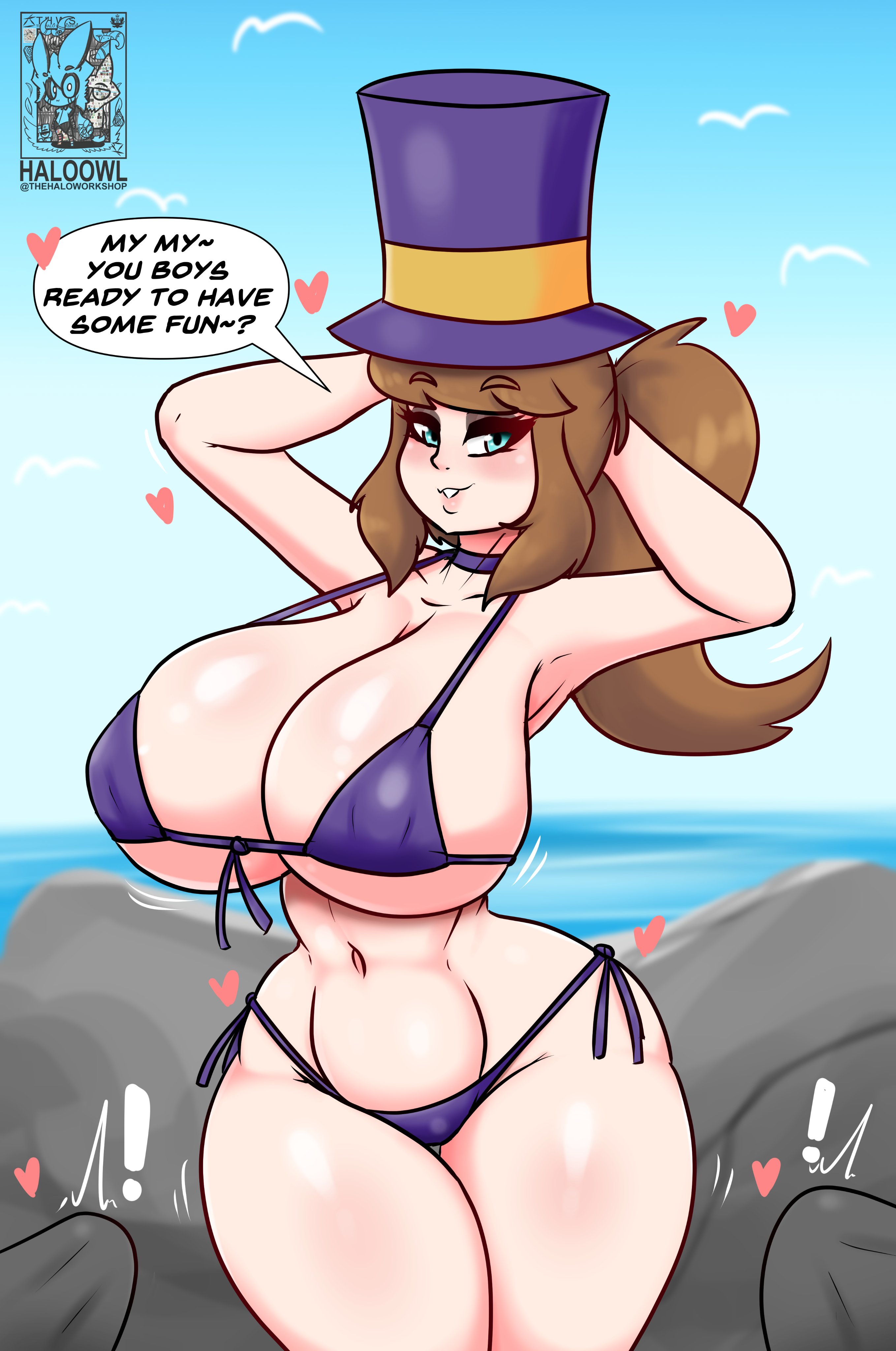1girls, 2boys, a hat in time, aged up, alternate body type, alternate breast size, armpits, big breasts, bikini, blue eyes, blush, breasts, brown hair, bulge, clothed, clothed female, curvaceous, curvy figure, dialogue, english dialogue, english text, erection under clothes, eye contact, faceless male, female, female focus, female protagonist, haloowl, hat, hat adult, hat kid, headwear, hearts, huge breasts, large breasts, long hair, looking at viewer, male, micro bikini, multiple boys, multiple males, ponytail, speech bubble, straight, swimsuit, text, thick lips, thick thighs, thighs, top hat, tophat, voluptuous, wide hips