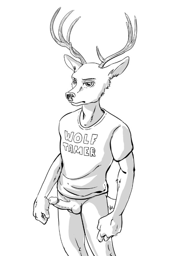 2021 anthro antlers balls beastars black_and_white bottomless cervid clothed clothing english_text erection ffog genitals horn humanoid_genitalia humanoid_penis louis_(beastars) male mammal monochrome penis shirt simple_background solo t-shirt text text_on_clothing text_on_shirt text_on_topwear topwear white_background