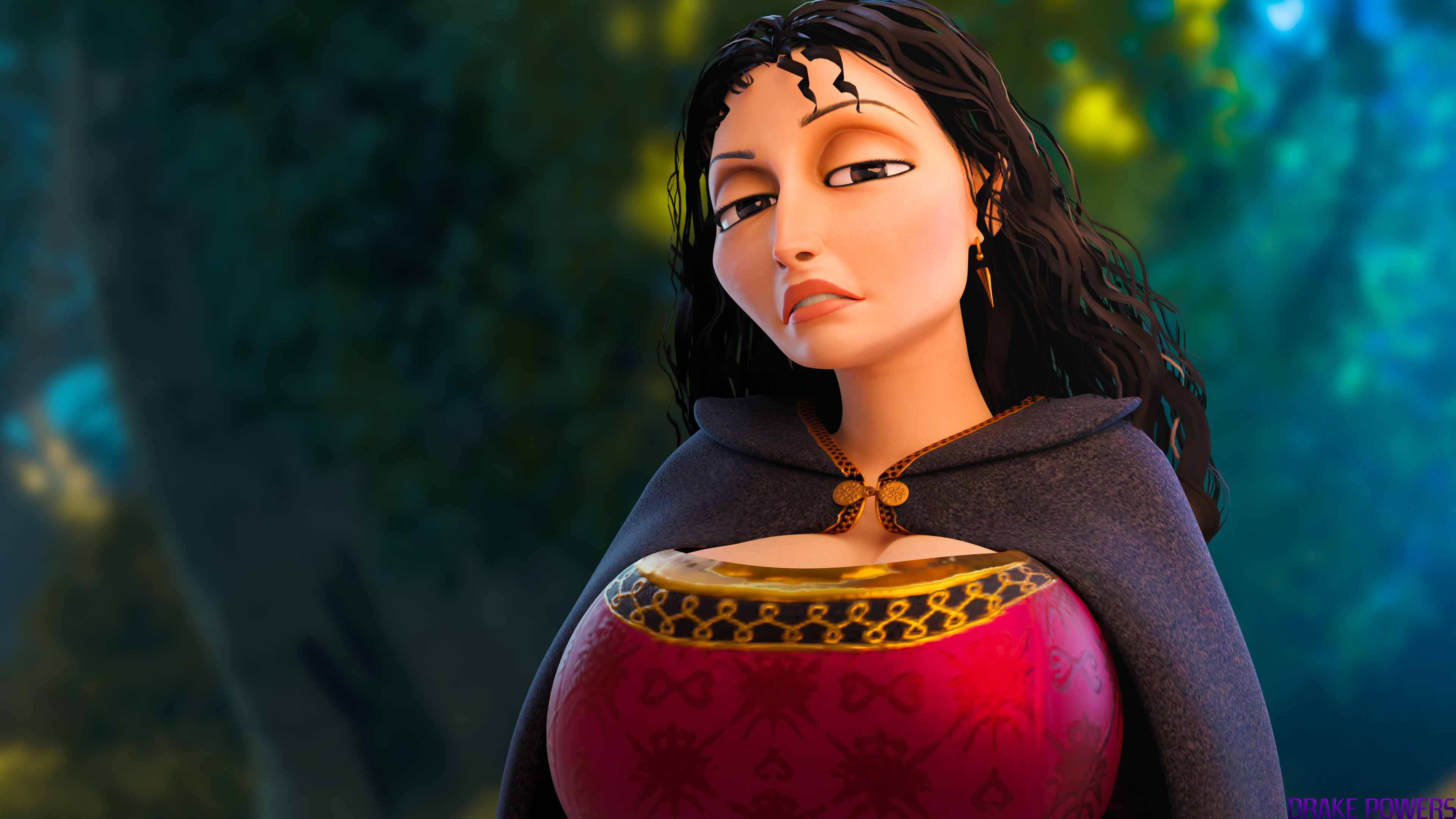 1girls, 3d, 3d (artwork), alternate version available, big breasts, black hair, blender (software), breasts, clothing, disney, drakepowers, female, female only, large breasts, mature, mature female, milf, mother gothel, pixar, solo, solo female, tangled, upper body, voluptuous, watermark, wide hips