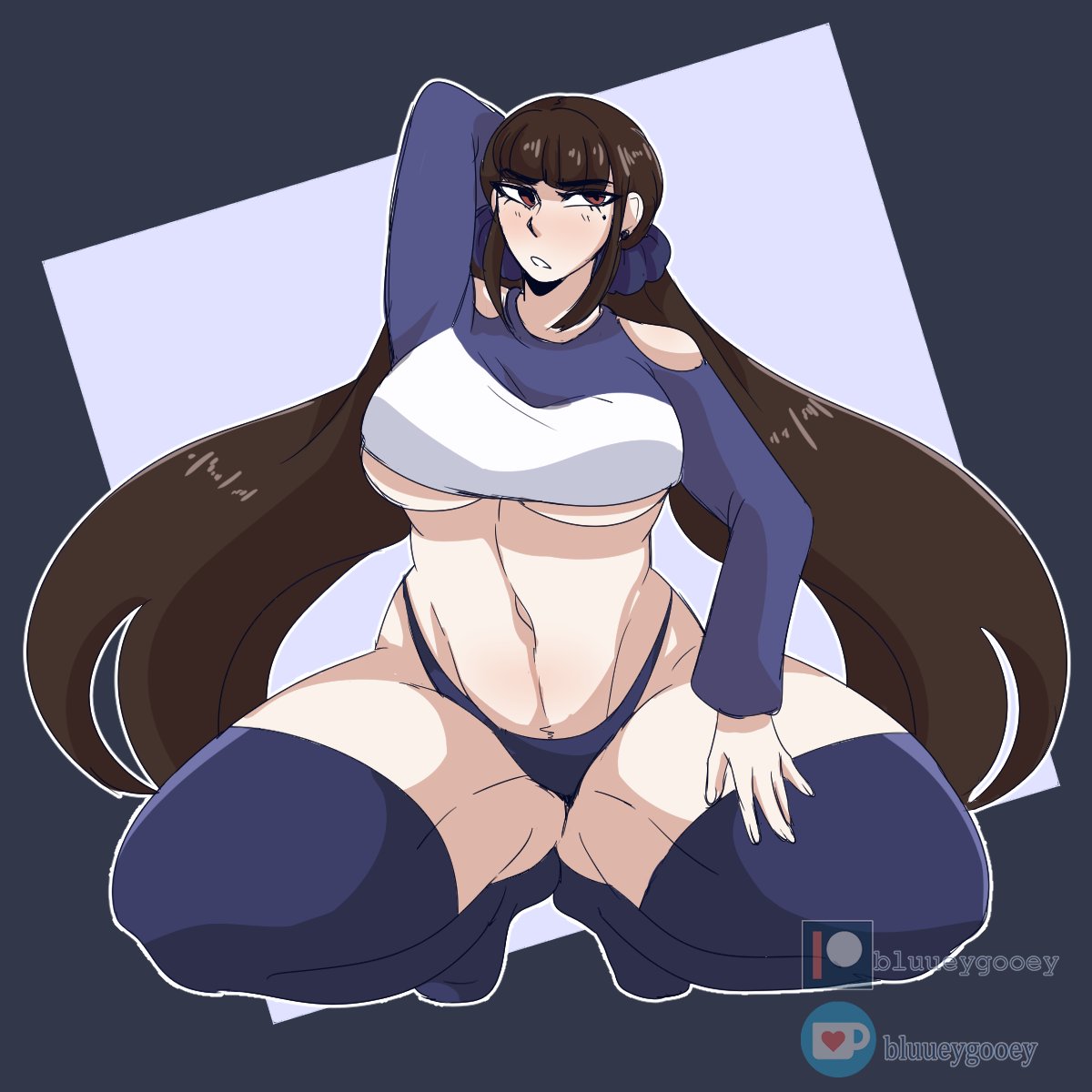 1girls, big breasts, bluueygooey, breasts, brown hair, danganronpa, danganronpa v3, female, harukawa maki, skimpy, solo, straight hair, thick thighs, wide hips
