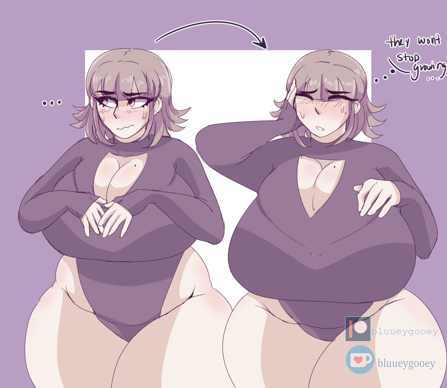 1girls, bangs, beauty mark, before and after, blushing, bluueygooey, breast expansion, breast growth, breast growth (enlargement), breasts, chubby, cleavage cutout, clothed, clothed female, clothes, danganronpa, danganronpa 2: goodbye despair, embarrassed, english text, female, huge breasts, large breasts, mole, mole on breast, nanami chiaki, overweight, overweight female, pink eyes, revealing clothes, solo, solo female, straight hair, thick thighs, virgin killer sweater