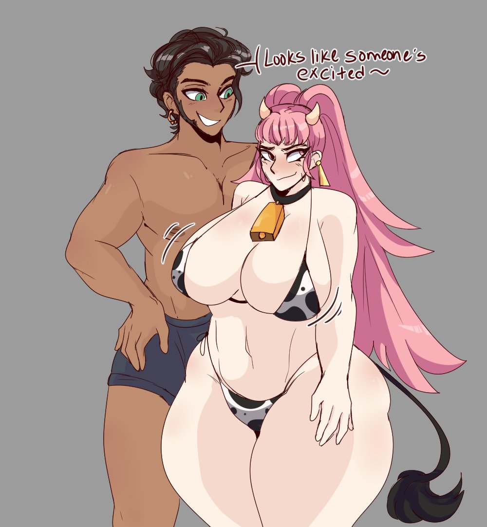 1boy, 1girls, alternate ass size, alternate breast size, ass, big ass, bikini, bluueygooey, boxers, breasts, claude von riegan, cow girl, cow print, curvy female, dark skin, dark-skinned male, female, fire emblem, fire emblem: three houses, hilda valentine goneril, huge ass, large ass, large breasts, light skin, light-skinned female, male, muscular, muscular male, nintendo, pink hair, voluptuous, year of the ox