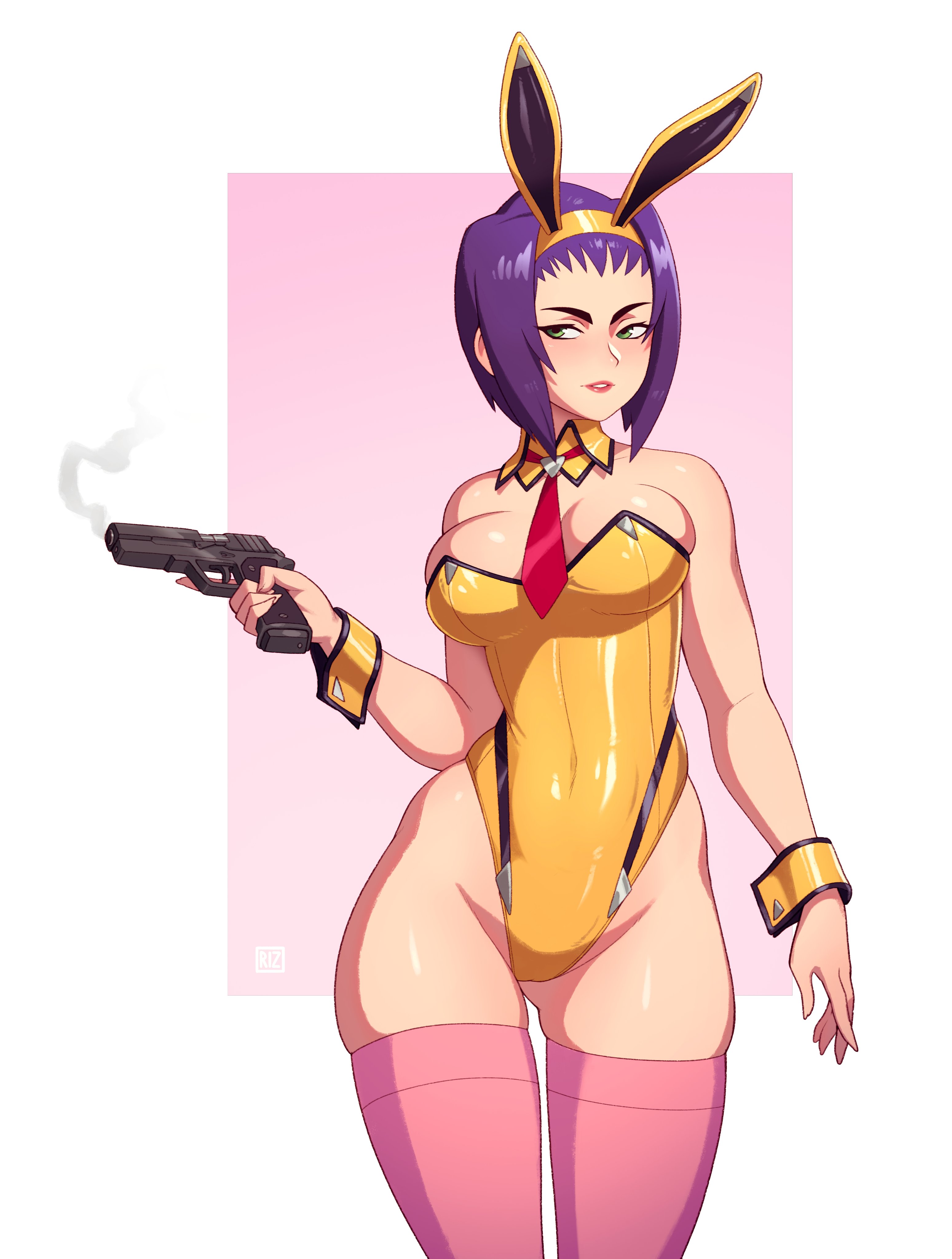 1girls, 2021, breasts, bunny ears, bunny girl, bunnysuit, cleavage, cowboy bebop, faye valentine, female, female focus, female only, gun, rizdraws, thick thighs, thighhighs, thighs, weapon, wide hips