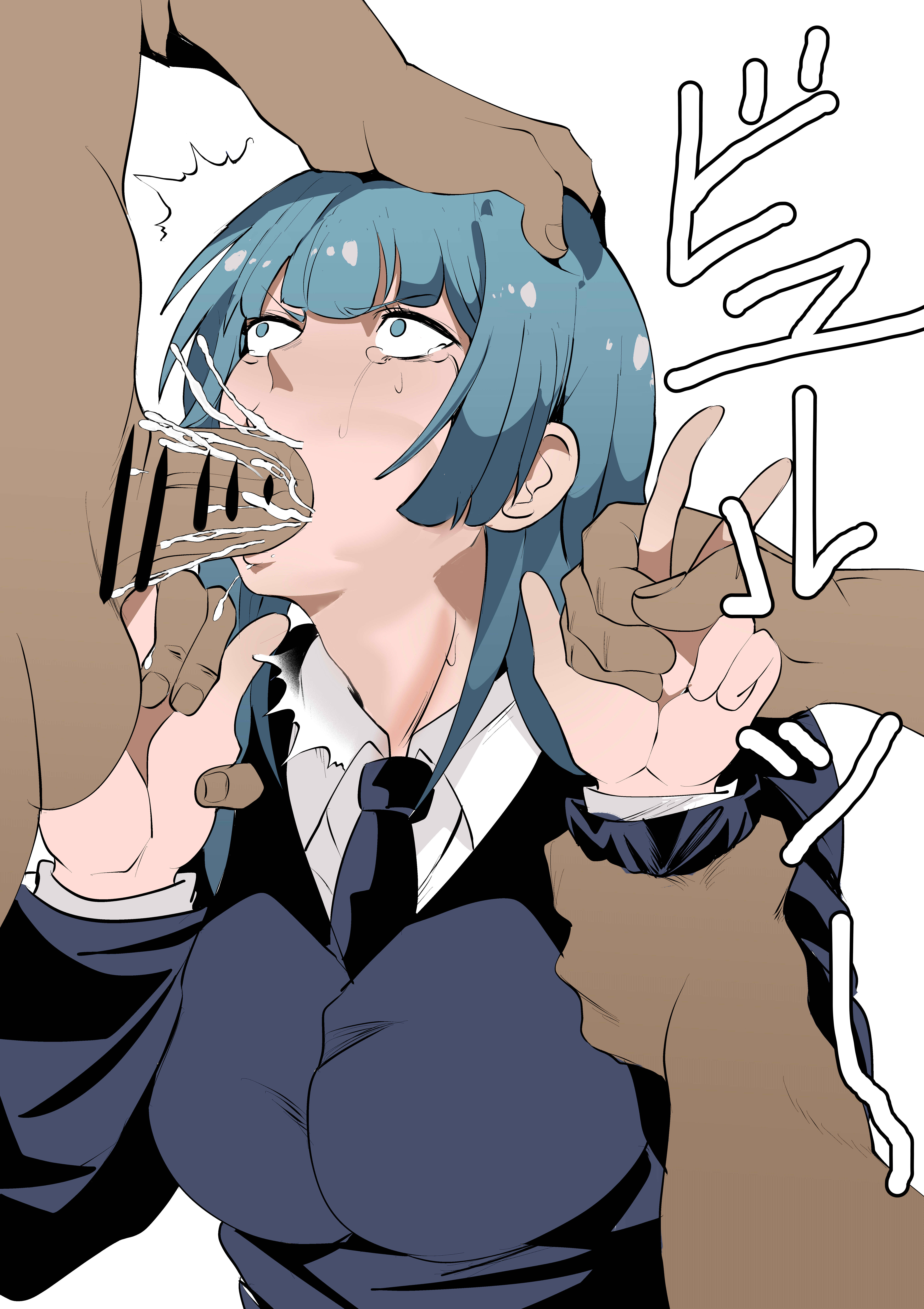 1girls, blowjob, blue eyes, blue hair, blue-haired female, crying with eyes open, cum, cum in mouth, cum inside, dark-skinned male, face fucking, fellatio, female, forced, hand grab, human, jujutsu kaisen, kasumi miwa, long hair, male, multiple boys, nier (artist), oral, partial male, penis, rape, sex, straight, tears, white background, wrist grab