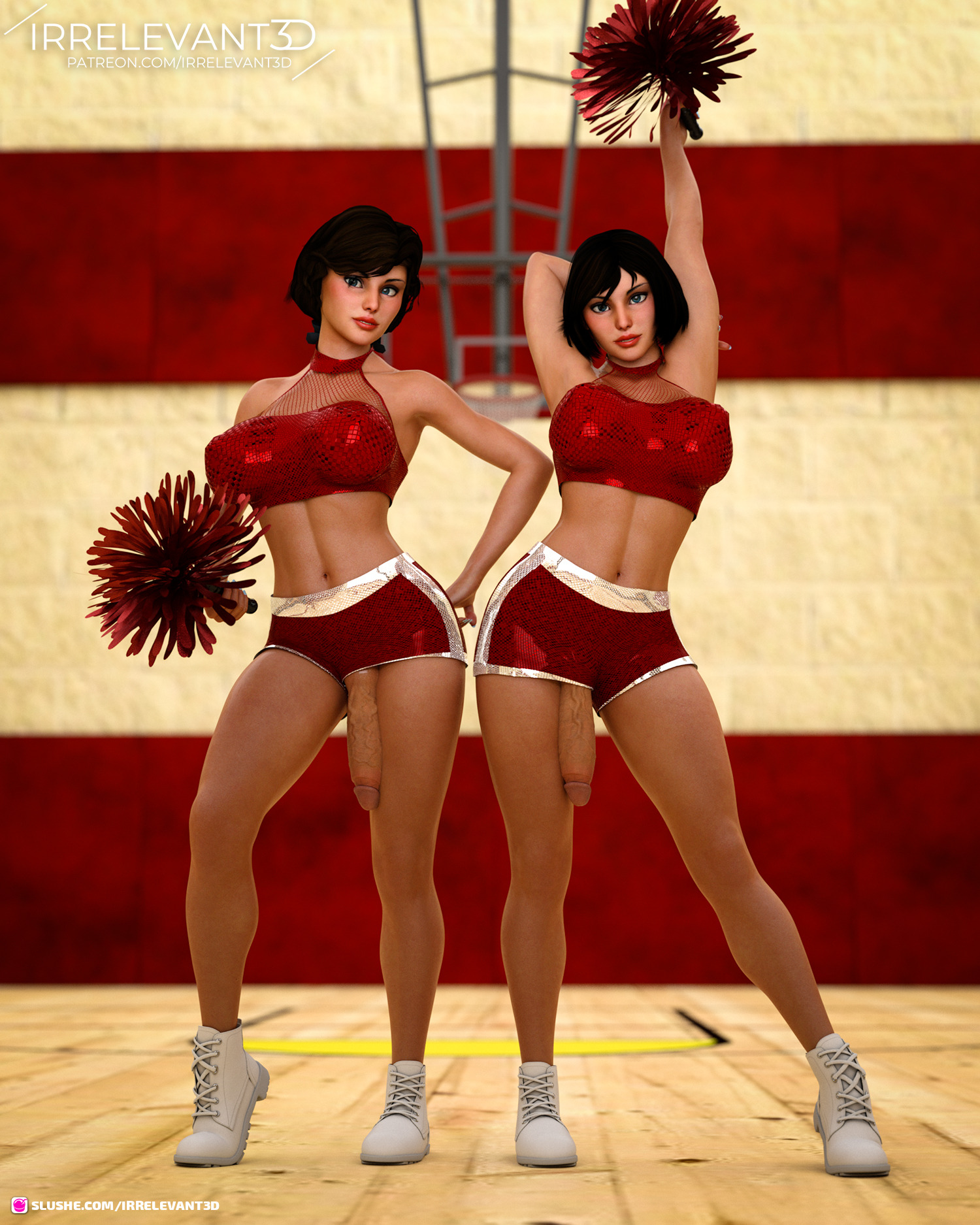 2futas, 3d, bioshock, bioshock infinite, breasts, busty, casual, casual exposure, cheerleader, cheerleader uniform, clone, clothing, duplicated character, elizabeth comstock, flaccid, futa only, futanari, human, intersex, irrelevant3d, pale skin, penis, penis out, short shorts, shorts, sportswear, standing, tagme