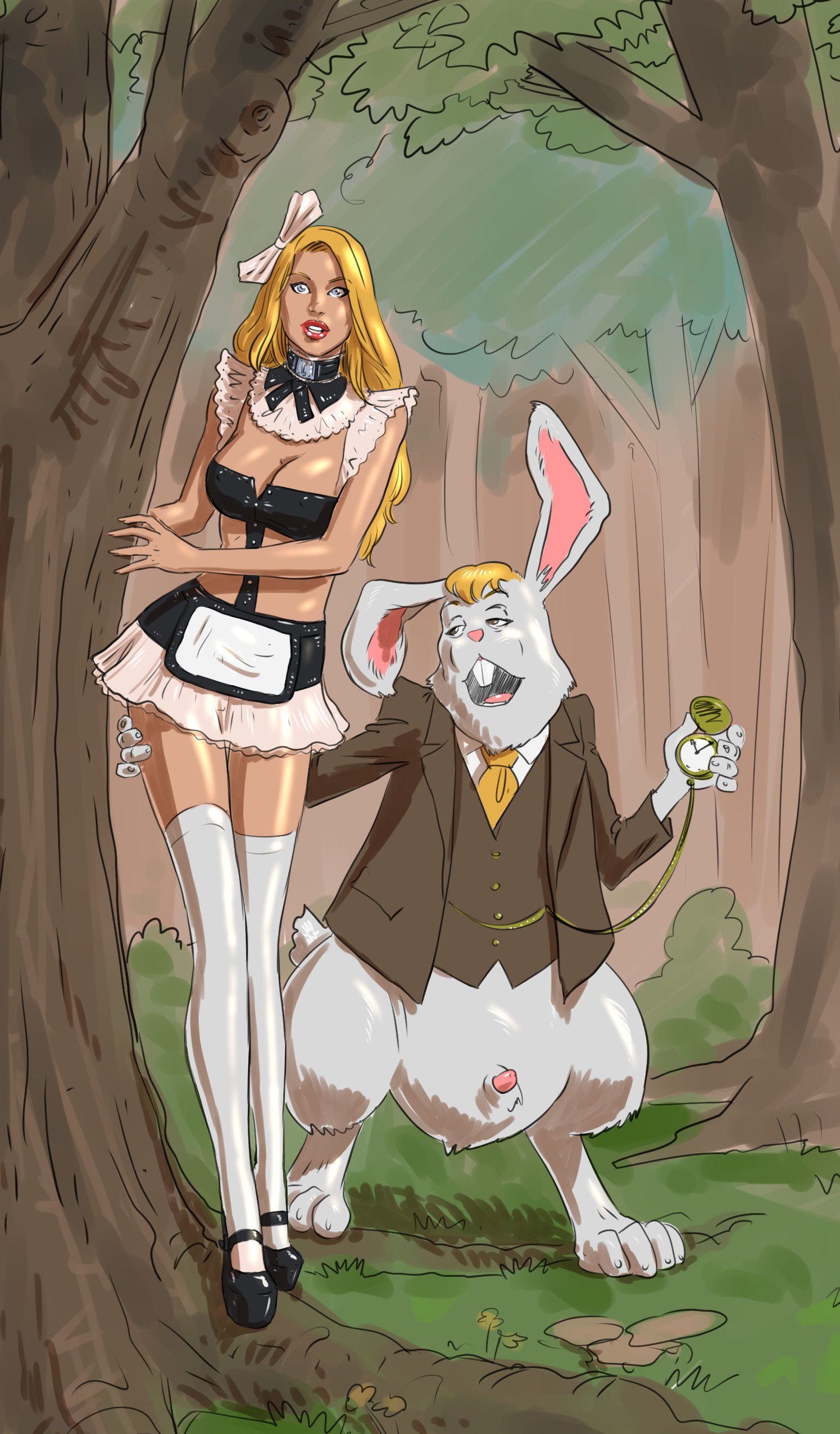 alice in wonderland, alice liddell, animal genitalia, animal penis, big breasts, bimbo, blonde hair, breasts, busty, collar, female, fenris comix, hourglass figure, large breasts, long hair, makeup, male, nude, nude female, nudity, penis, pussy, skimpy, skimpy clothes, tagme, vagina, white rabbit (wonderland), wide hips