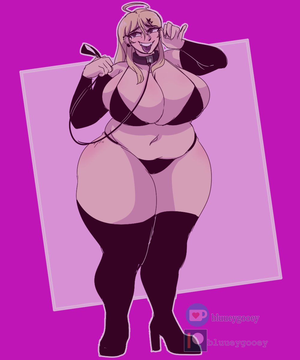 1girls, ahoge, akamatsu kaede, armwear, blonde hair, bluueygooey, breasts, chubby, collar, danganronpa, danganronpa v3, female, gigantic breasts, heart-shaped pupils, huge thighs, leash, panties, patreon username, plump, sharp teeth, solo, straight hair, thick thighs, thigh boots, tongue
