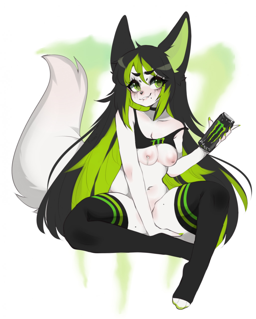 bottomless crying female female_only fredek666 furry furry_ears furry_tail green_eyes lactation mole mole_under_mouth monster-chan monster_chan monster_energy monster_energy_drink navel runny_makeup solo thighhighs vaginal_blush