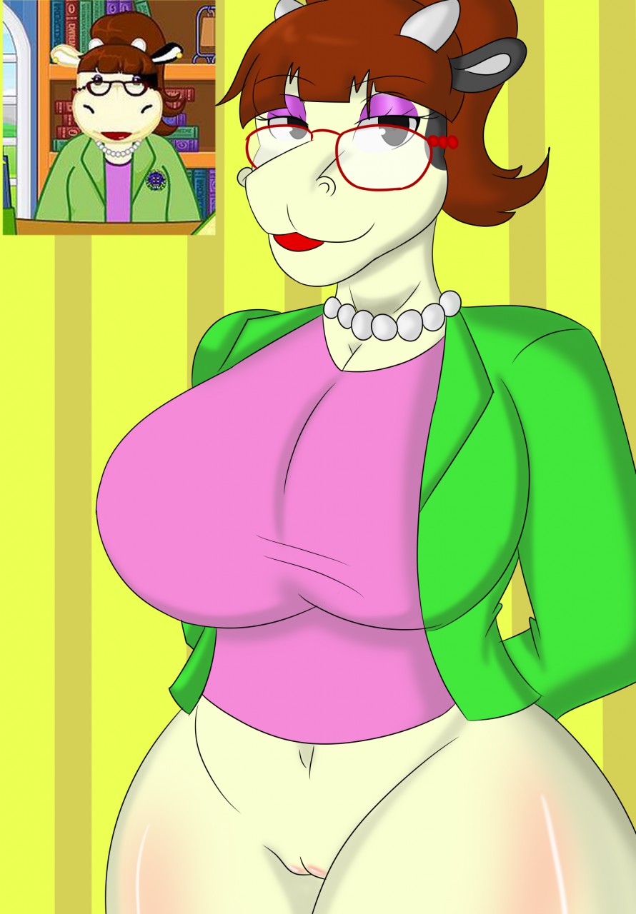 big_breasts bottomless bovid bovine breasts brown_hair cattle clothed clothing eyeshadow eyewear female first_porn_of_franchise first_time genitals glasses hair hi_res horn jewelry lips makeup mammal ms._cowoline necklace pussy red_lips solo unknown_artist webkinz