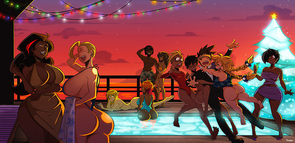 2boys 9girls ace_(acesr) ace_(shiin) ass big_ass big_breasts bikini blonde_hair blue_skin breasts bubble_butt burd busty christmas christmas_tree dark_skin dress elf emma_hugaz fanart female gala goldie human large_ass large_breasts lumiere_(acesr) male multiple_girls nahia_(kogeikun) noelle purple_hair samasan sling_bikini tenti_(trueinsanity) thong velvet_city_(shiin) voluptuous wendolin