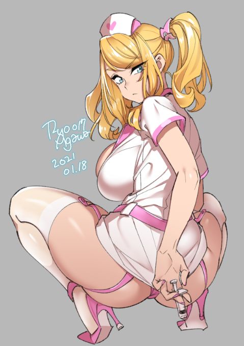 1girls, ass, big ass, big breasts, breasts, female, female only, large breasts, looking at viewer, looking back, nurse, nurse cap, nurse uniform, ryo agawa, solo, spread legs, thighhighs