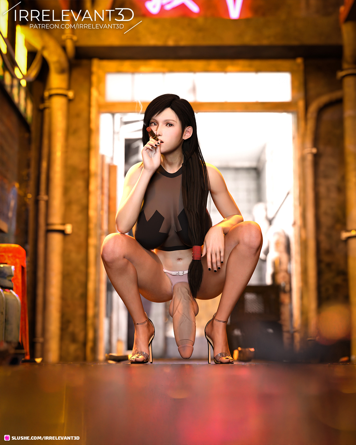 1futa, 3d, alleyway, big breasts, big penis, breasts, busty, cigar, final fantasy, final fantasy vii, flaccid, flaccid penis, futa only, futanari, intersex, irrelevant3d, neon lights, open toe shoes, penis, smoking, squatting, tagme, tifa lockhart