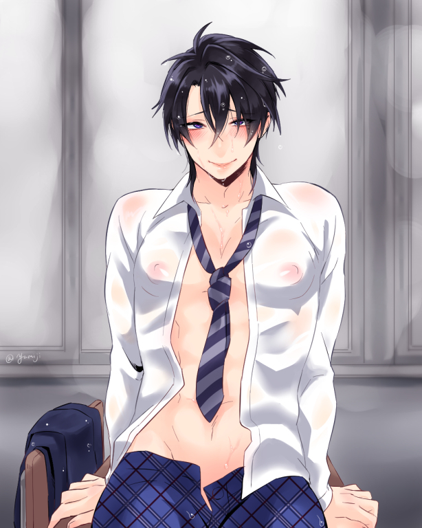 1boy big_nipples black_hair blue_eyes blush coy erect_nipples facing_viewer leaning_back looking_at_viewer looking_through_hair makishima_reiji male_only mole mole_under_eyes muscular muscular_femboy nipples_visible_through_clothing on_desk open_pants open_shirt partially_clothed pecs public public_exposure puffy_nipples rain school school_uniform see-through_clothing see-through_shirt sissy smile solo_male toned toned_male transparent_clothing wet wet_clothes wet_hair yarimesu