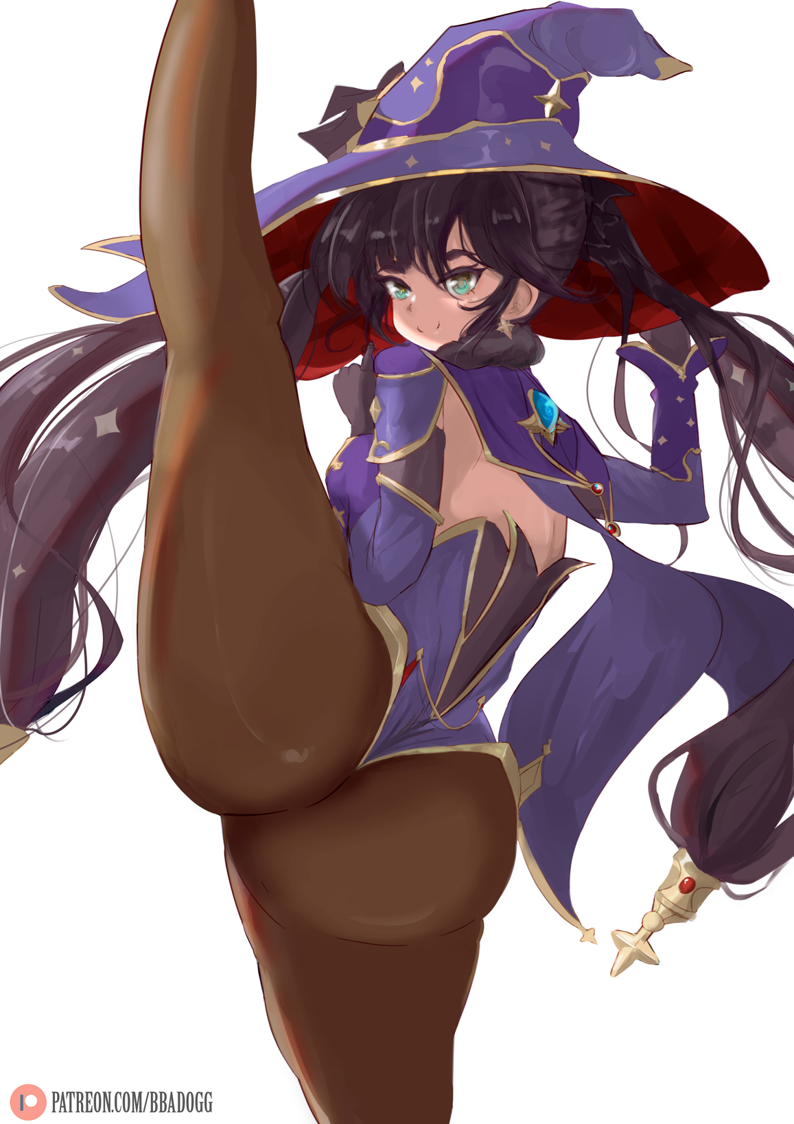 1girls, artist logo, artist name, ass, bbadogg, big ass, big butt, big hips, black hair, cape, clothed, clothes, detached sleeves, ear piercing, earrings, female, female focus, female only, fully clothed, genshin impact, green eyes, grin, large ass, large hips, leg lift, leg up, light skin, light-skinned female, long hair, looking at viewer, looking back, mona (genshin impact), no background, pale skin, smile, smiling, smug, smug face, smug grin, solo, solo female, splits, spread legs, spreading, standing, standing on one leg, thick thighs, thin waist, tights, twintails, vertical splits, white background, witch, witch hat, wizard, wizard hat, young