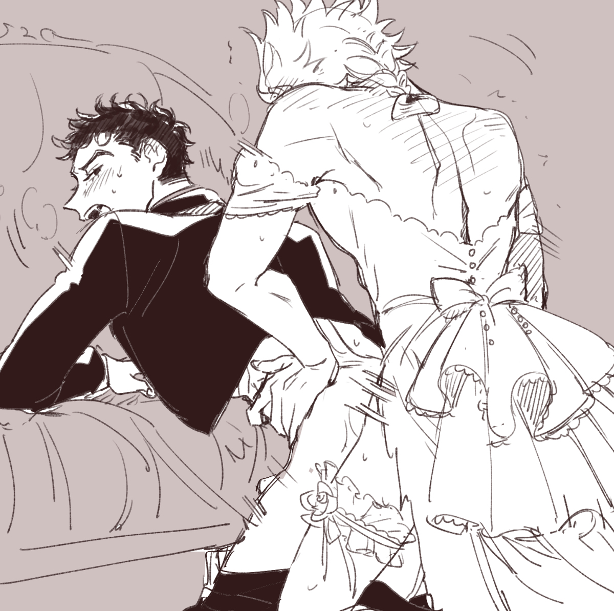 2boys, anal, anal sex, blush, braid, crossdressing, dominant femboy, facing away, femboy, femboydom, from behind, garter belt, gay, giorno giovanna, guido mista, jojo's bizarre adventure, looking back, male, male bride, male only, male penetrated, male wife, on couch, on knees, open mouth, pants down, partially clothed, suit, sweat, thighhighs, trap, vento aureo, wedding dress, yaoi