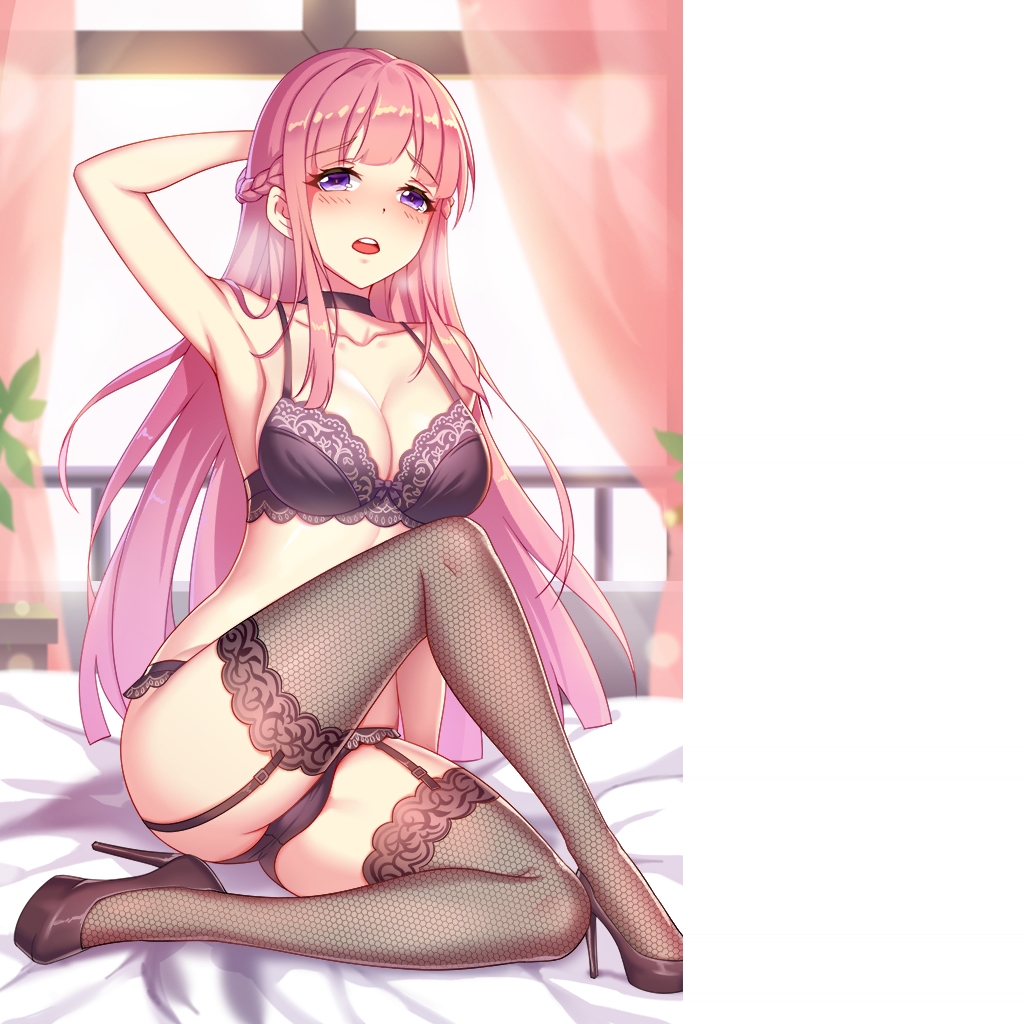 black_bra black_panties bra girlgame hentai_girl_(game) long_hair panties pink_hair purple_eyes stockings underwear