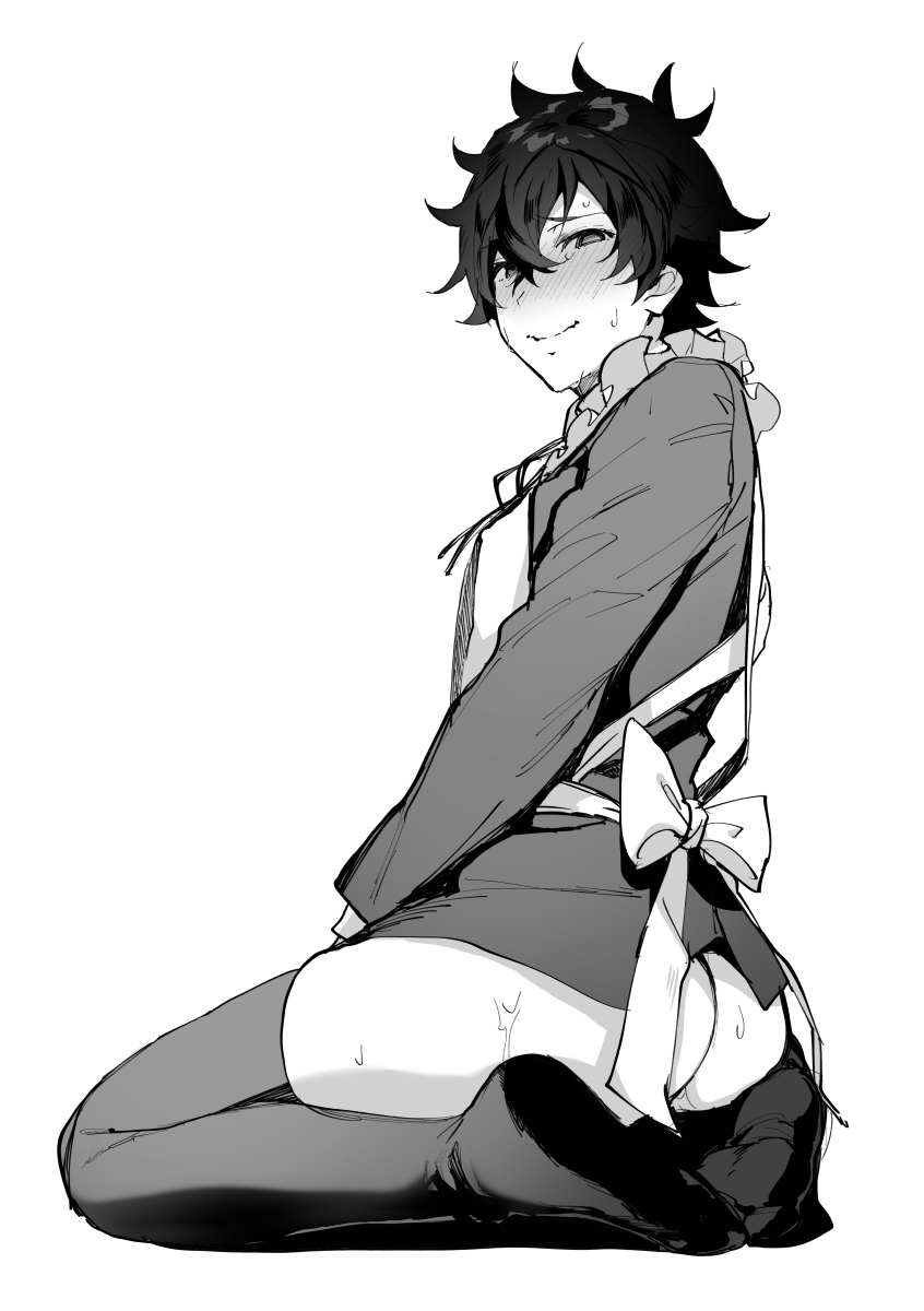 1boy, apron, ass, blush, bottomless, embarrassed, facing away, femboy, forced smile, frilled apron, iwatani naofumi, looking at viewer, looking back, male, male only, on knees, partially clothed, ribbon, smile, solo male, sweat, tate no yuusha no nariagari, the rising of the shield hero, thighhighs
