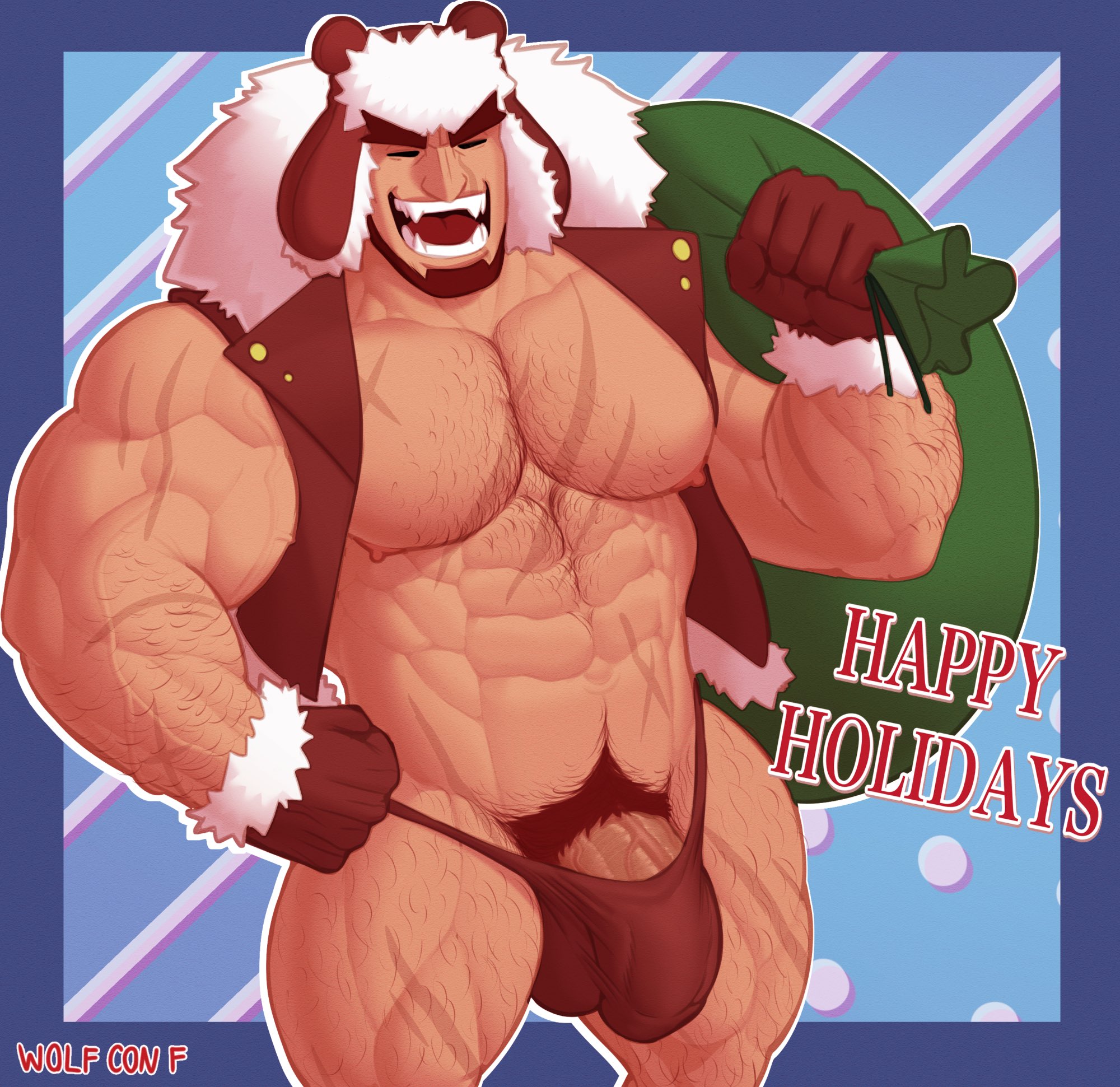abs, arm hair, bag, balls, bara, body hair, bulge, chest hair, christmas, closed eyes, facial hair, flaccid, gay, gloves, hand on hip, hat, laughing, leg hair, male, male only, merry christmas, muscles, muscular, muscular male, nipples, open mouth, original character, penis, sack, santa suit, scars, sharp teeth, shintaro daimon (wolf con f), shirtless, solo, thong, tongue, underwear, vein, veins, veiny arms, veiny muscles, veiny penis, wolf con f, yaoi