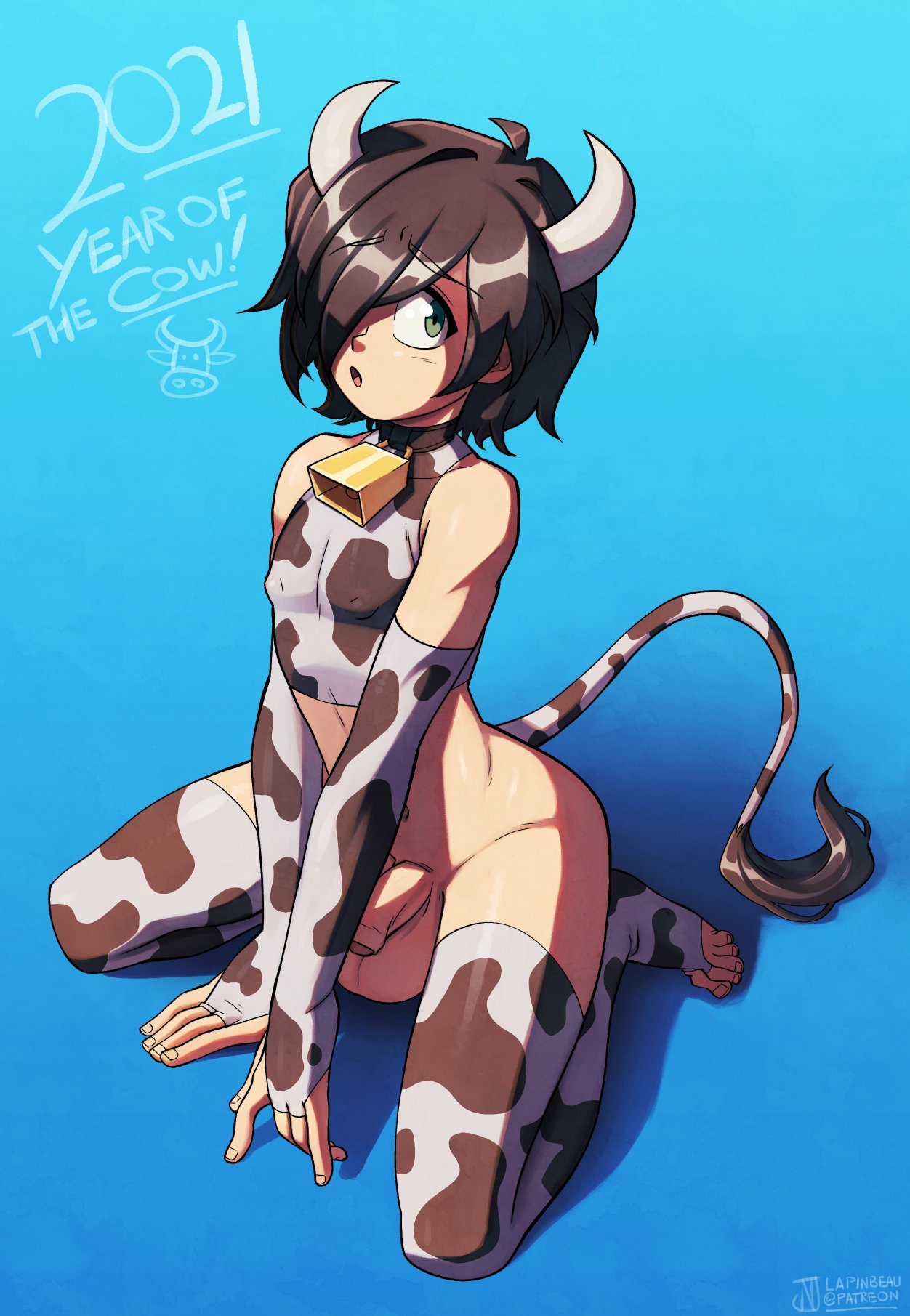 1boy 2021 cow_bikini cow_costume cow_horns cow_tail cowbell flaccid green_eyes jessie_(lapinbeau) kneeling lapinbeau male_only