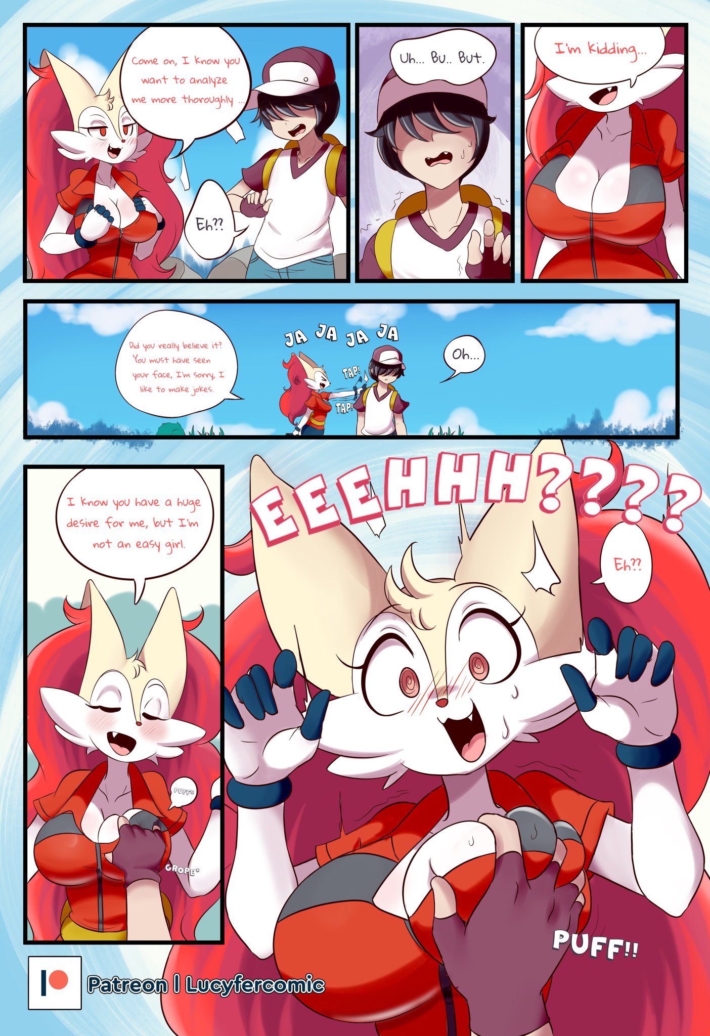 1boy, 1girls, 2021, absurd res, anthro, ass, big ass, big breasts, blush, bra, braixen, bray (lucyfercomic), breast grab, breasts, canid, canine, claws, clothing, comic, cute, cute fang, dialogue, duo, english text, female, female focus, fluffy, fluffy tail, fox, fur, furry, grass, hair, happy, heart, hi res, human, long hair, looking at viewer, looking down, lucyfercomic, male, mammal, nintendo, nipples, no bra, open mouth, panties, pawpads, paws, pokémon (species), pokemon, pokemon (species), red eyes, red hair, sharp claws, sharp teeth, sweat, tail, tailwag, teeth, text, tongue, video games