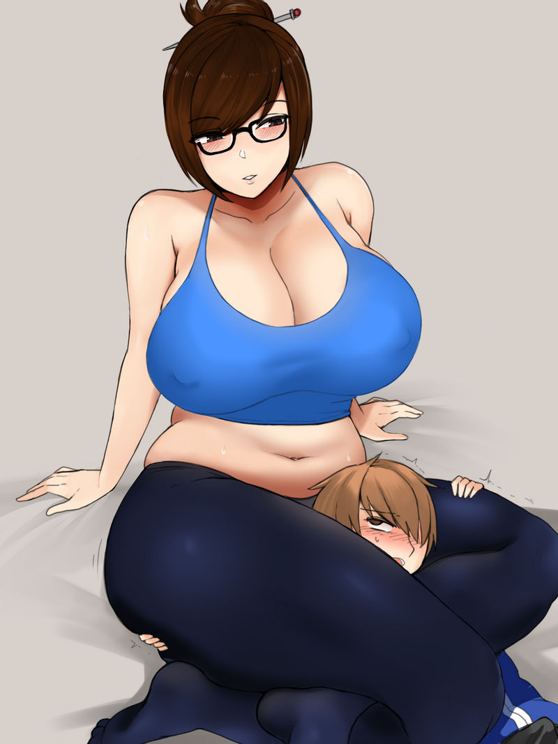 1boy 1girls between_legs elu77 female glasses headscissor huge_breasts larger_female male mei_(overwatch) overwatch size_difference smaller_male thick_thighs