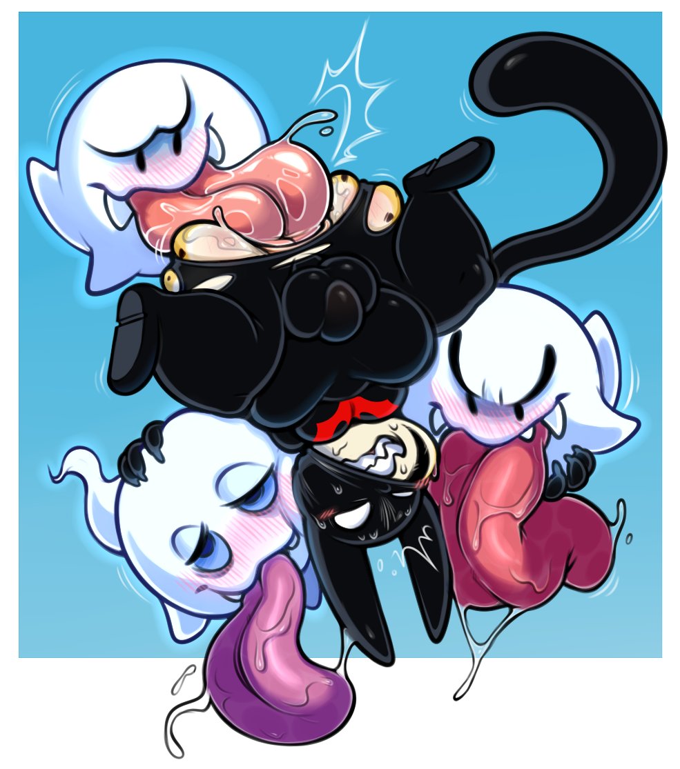 anal, anthro, anus, ass, blush, bodily fluids, bodysuit, boo (mario), boo block, bulge, clothing, group, hyper, hyper tongue, licking, long tongue, luigi's mansion, male, male only, male/male, mario (series), nintendo, oral, paper mario, rimming, saliva, sex, skinsuit, super mario sunshine, tight clothing, tongue, tongue out, torn clothing, video games, xing the cheetah, xingscourge, yoshi's island