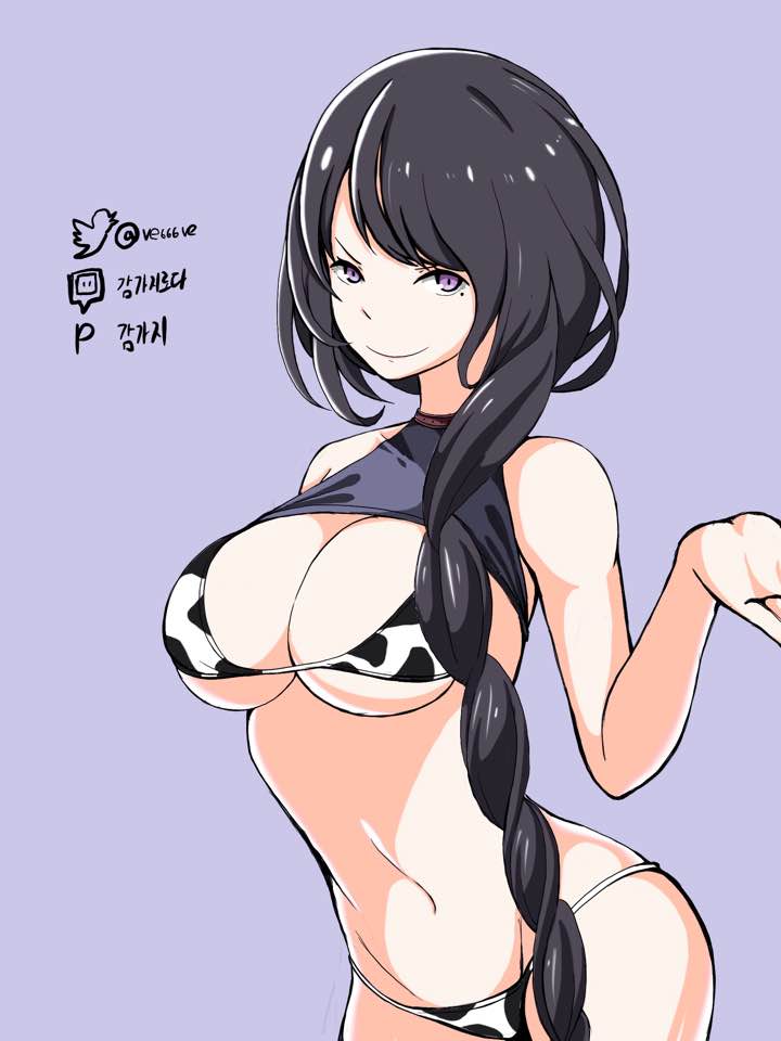 bikini, bikini bottom, bikini top, black hair, braid, breasts, cleavage, cow print, cow print bikini, elsa granhilte, female, female only, large breasts, long hair, looking at viewer, midriff, navel, purple background, purple eyes, re:zero kara hajimeru isekai seikatsu, simple background, single braid, solo, solo female, tied hair, underwear, underwear only, ve666ve