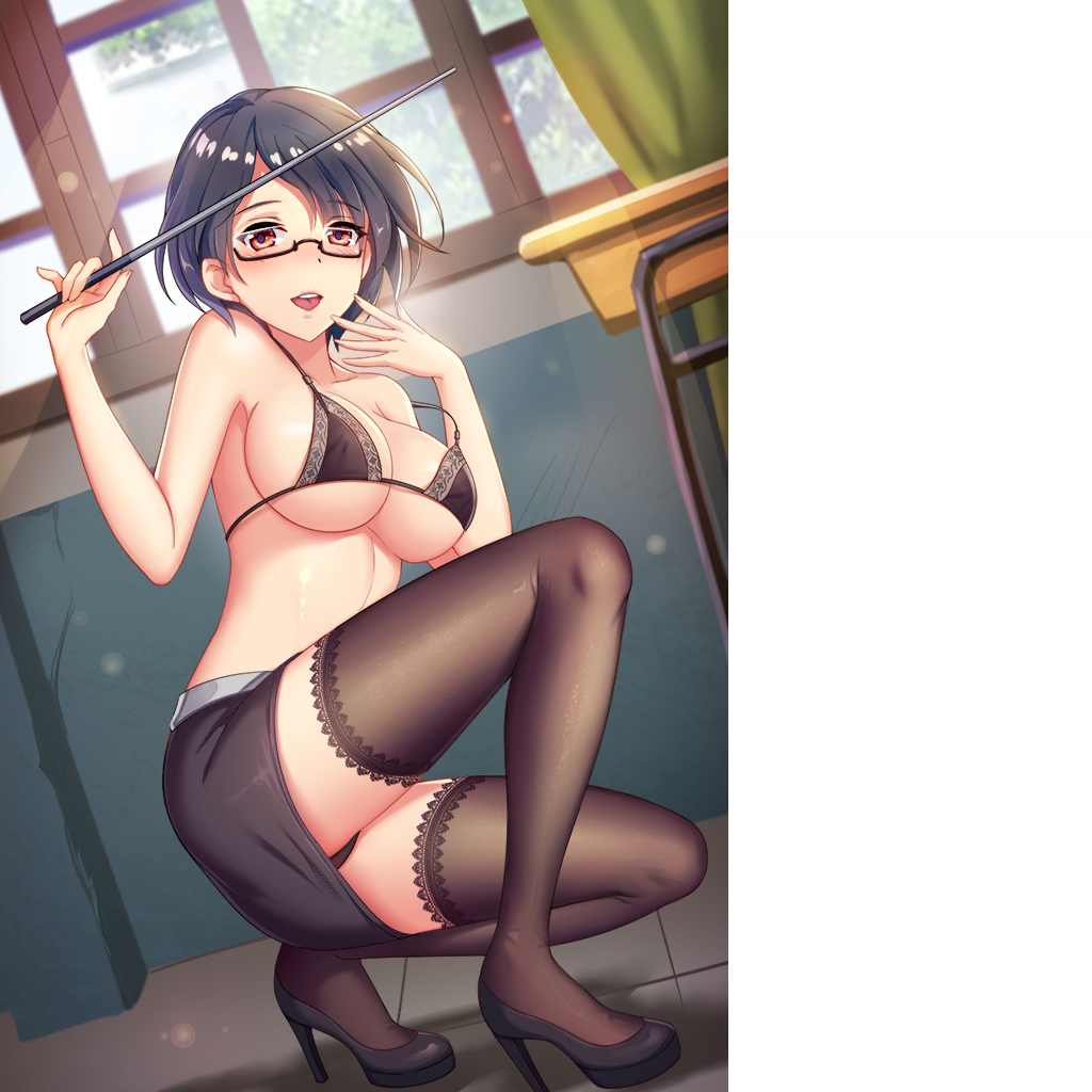 1girls black_bra black_hair black_panties bra female_only girlgame hentai_girl_(game) orange_eyes panties partially_clothed short_hair skirt stockings