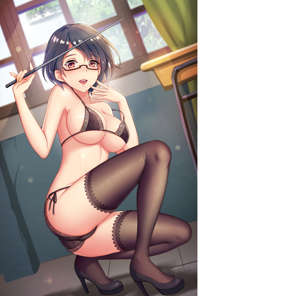 1girls black_bra black_hair black_panties bra female_only girlgame hentai_girl_(game) orange_eyes panties short_hair stockings underwear