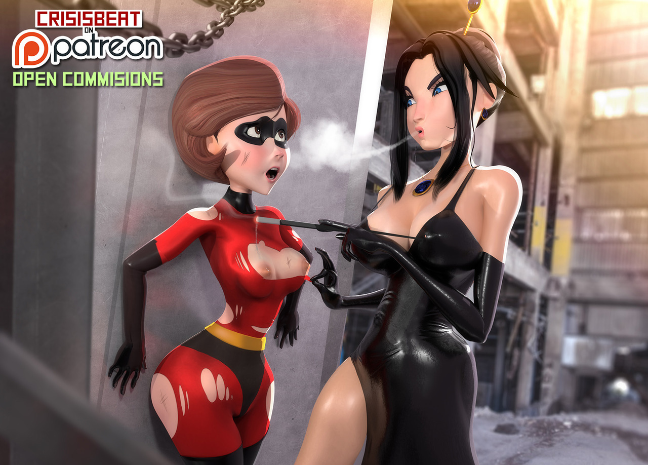 2girls, 3d, areola, areolae, black hair, breasts, brown eyes, brown hair, clothed, clothed female, clothes, clothing, costume, crisisbeat, disney, domino mask, elastigirl, female, female only, helen parr, mask, nipples, pixar, ripped clothing, smoke, smooth skin, superheroine, the incredibles