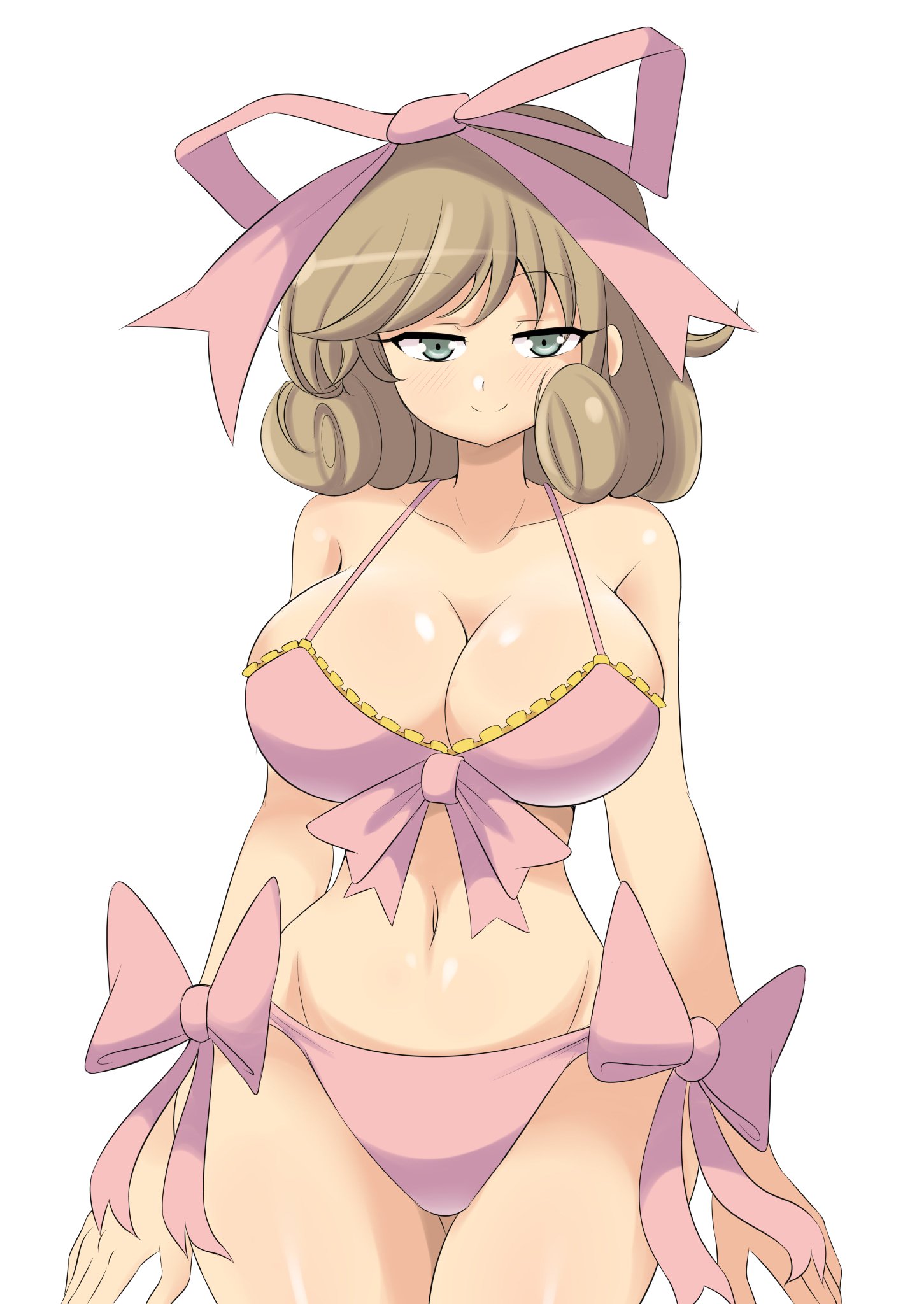 belly, belly button, big breasts, bikini, blonde hair, bowtie, breasts, busty, cleavage, female, grey eyes, haruka (senran kagura), hourglass figure, light skin, looking at viewer, lucyfercomic, pink panties, ribbon, senran kagura, slim, smug, thick thighs, underwear, wide hips