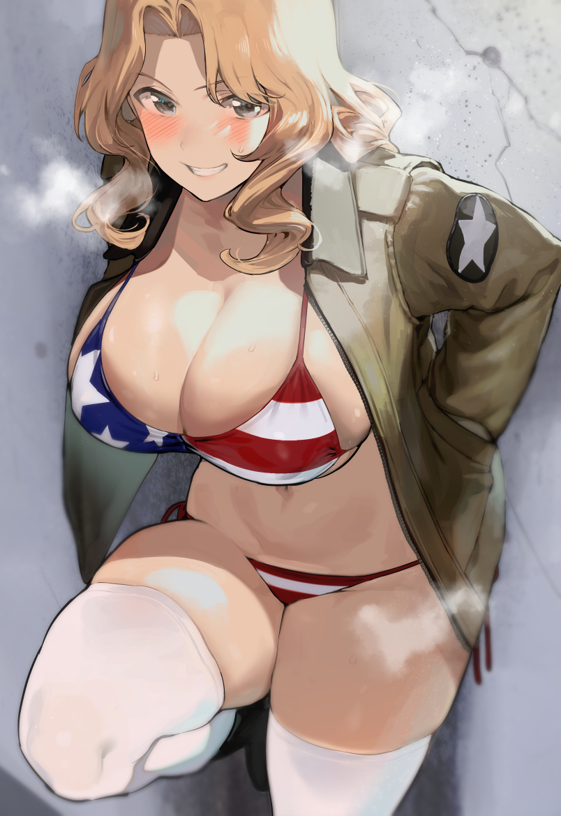 1girls, american flag, american flag bikini, bikini, blonde hair, blush, breasts, female, girls und panzer, huge breasts, iku (ikuchan kaoru), kay (girls und panzer), long hair, navel, open clothes, open jacket, partially clothed, skindentation, thick, thick thighs, thighhighs, visible breath