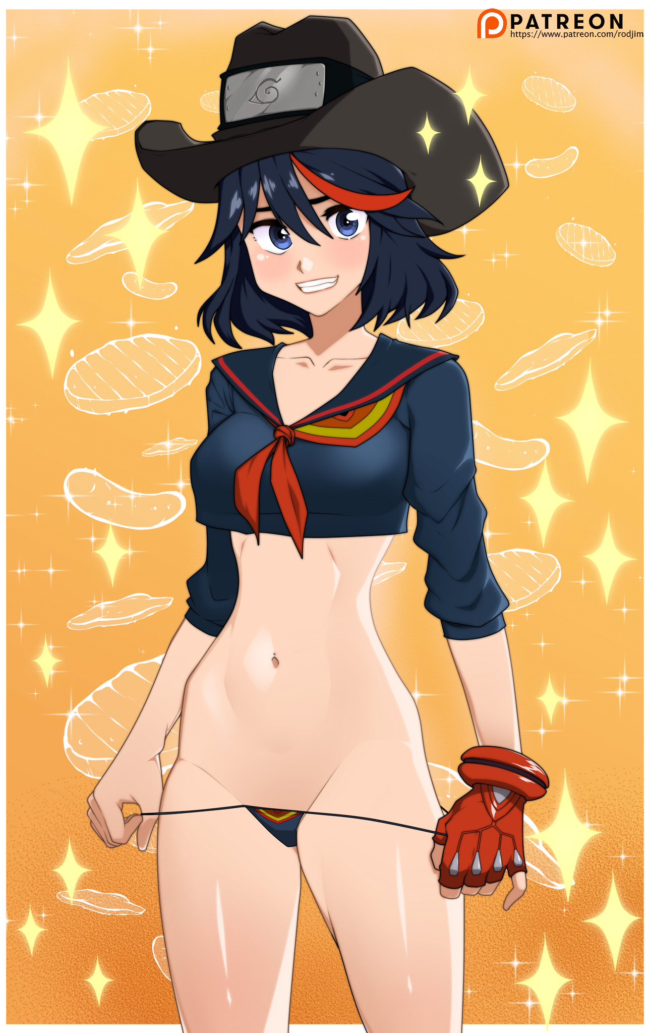 1girls, black hair, blue eyes, blush, female, female focus, flat belly, glove, grin, hat, headband, hourglass figure, kill la kill, looking at viewer, matoi ryuuko, navel, panties, panties down, panty pull, partially clothed, patreon, red highlights, rodjim, senketsu, short hair, smile, stomach, teenager, thighs, thong, watermark, wide hips, yellow background